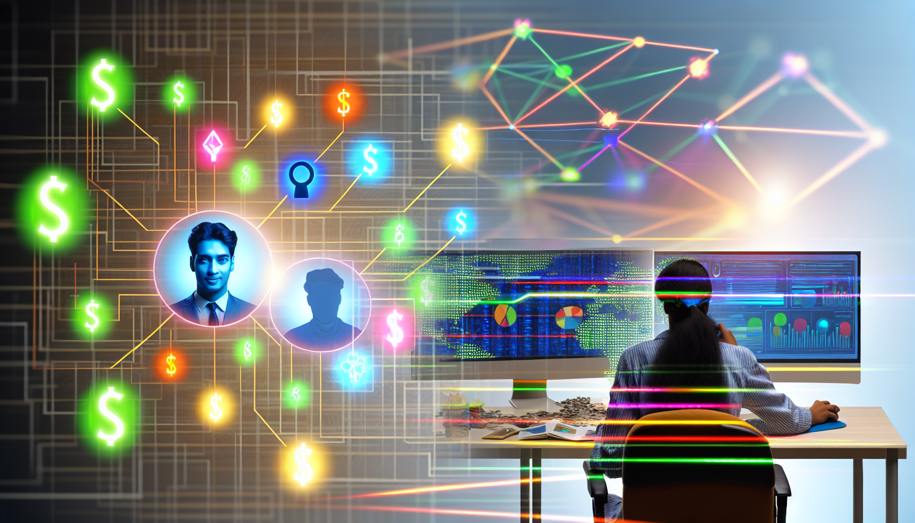 Eine Darstellung des Konzepts, Geld im Internet zu verdienen. Auf der einen Seite des Bildes sitzt eine Person südasiatischer Abstammung an einem Computerarbeitsplatz, der mit mehreren Monitoren ausgestattet ist, und veranschaulicht den Einsatz und die Kreativität, die für Online-Unternehmertum erforderlich sind. Sie wird gezeigt, wie sie verschiedene Strategien recherchiert und digitale Grafiken betrachtet. Auf der anderen Seite ist eine kaukasische Person in einem Videoanruf engagiert, tauscht Ideen aus und diskutiert Kooperationsmöglichkeiten. Bunt gefärbte Linien verbinden verschiedene Elemente des Bildes und symbolisieren das Netzwerk und die Verbindungen, die für das Geldverdienen im Internet von entscheidender Bedeutung sind.