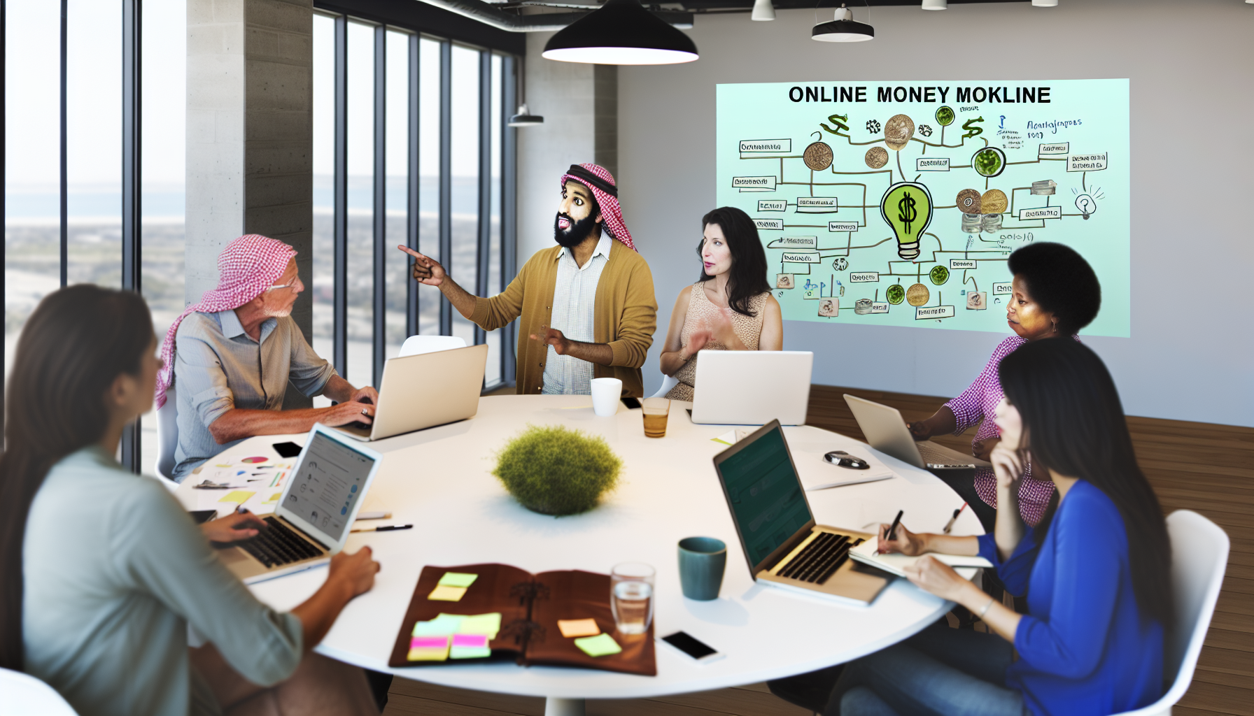 Ein gut beleuchteter offener Raum, in dem eine vielfältige Gruppe von Menschen Ideen austauscht und innovative Wege diskutiert, um online Geld zu verdienen. Die Szene zeigt einen runden Tisch mit Laptops darauf, die mit einem großen Bildschirm verbunden sind, der eine Mindmap von Strategien zum Geldverdienen im Internet anzeigt. Rund um den Tisch erklärt ein mittelöstlicher Mann begeistert seine Idee, während eine südasiatische Frau aufmerksam zuhört und Notizen macht. Ein kaukasischer Mann analysiert Daten auf seinem Laptop, und eine hispanische Frau präsentiert Ideen auf dem großen Bildschirm. Einige Kaffeetassen, Post-it-Notizen mit Ideen und ein Gefühl von kooperativem Brainstorming füllen den Raum.