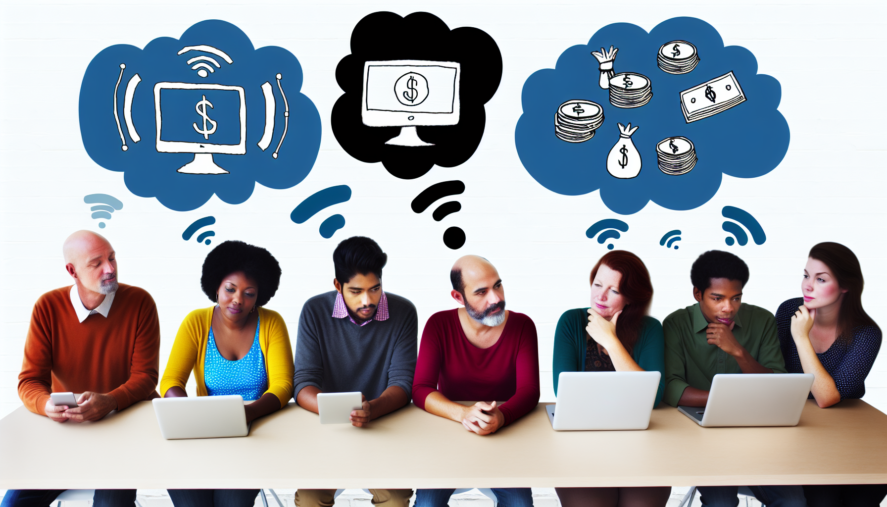 Ein Bild, das das Konzept des Geldverdienens über das Internet visuell darstellt. Es enthält Symbole, die mit dem Internet verbunden sind, wie einen Computer und WLAN-Signale, sowie Symbole für Geld, wie Dollar-Scheine und Münzen. Es gibt auch Gedankenblasen, um den Austausch von Ideen und Brainstorming zu symbolisieren. Um Vielfalt zu fördern, zeigt das Bild eine Gruppe von vier Personen unterschiedlicher Geschlechter und Abstammungen (kaukasisch, hispanisch, schwarz, nahöstlich), die an diesem Aktivität beteiligt sind und um einen Tisch sitzen, während sie ihre Laptops geöffnet haben.
