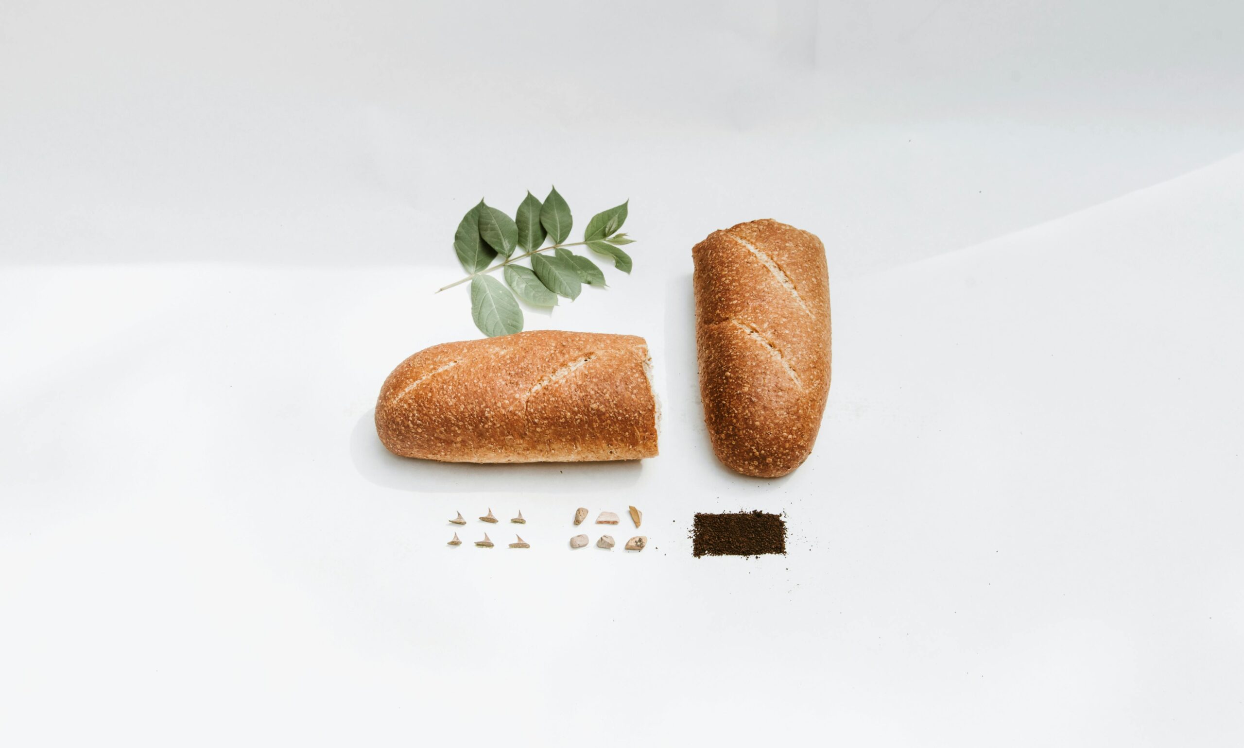 Minimalistische Brot Und Blattkomposition Auf Weißem Hintergrund