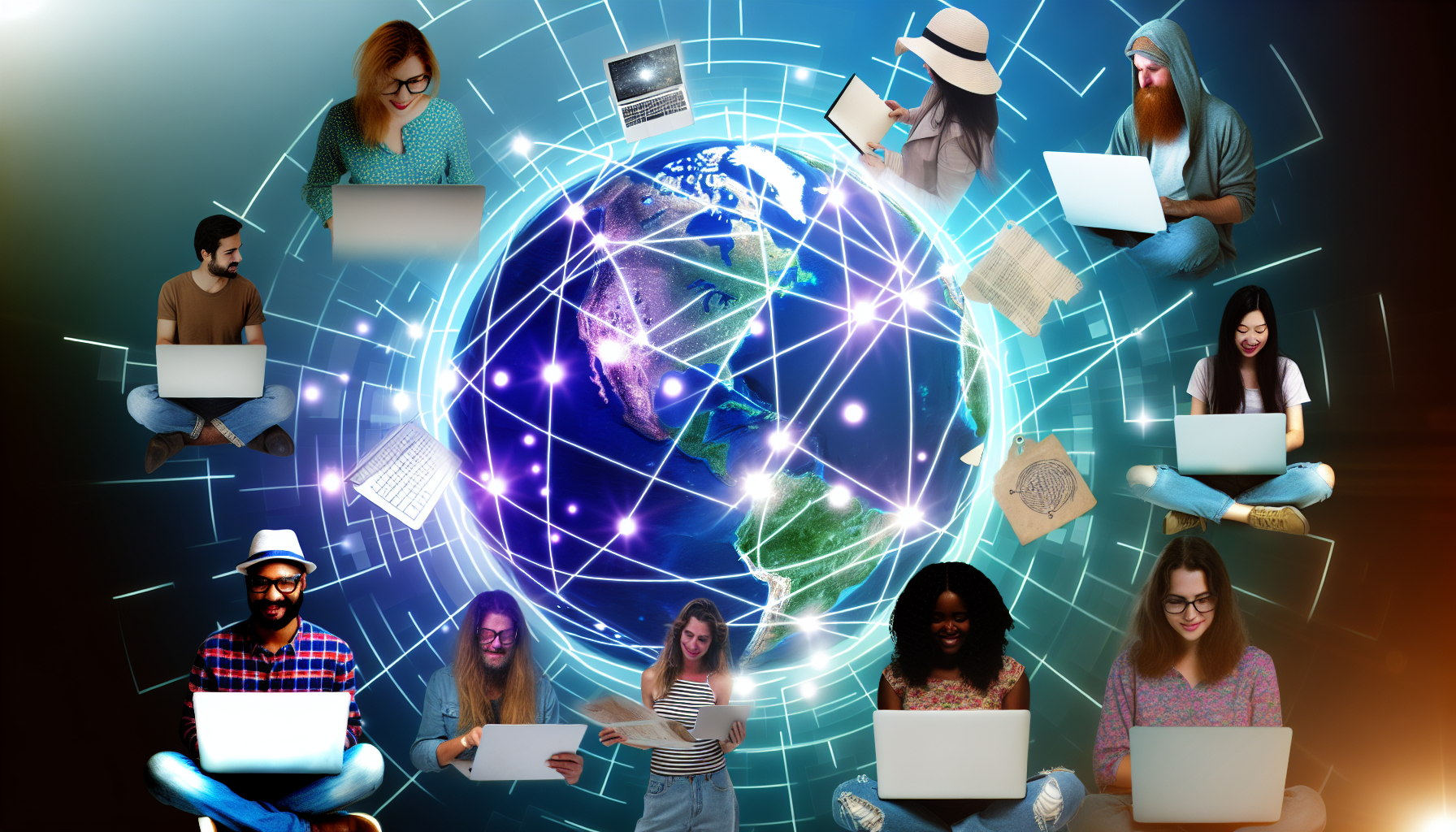 Ein Bild, das das Konzept des Geldverdienens im Internet darstellt. Es könnte eine vielfältige Gruppe von Personen zeigen, die sich mit verschiedenen Online-Aktivitäten beschäftigen, wie Blogging, Programmieren, Freiberuflichkeit und Grafikdesign. Vielleicht ist die Szene um einen digitalen Globus zentriert, mit Lichtstrahlen, die zu ihren Laptops führen und die globale Vernetzung symbolisieren. Vielfalt ist hier entscheidend; vielleicht könnte eine Person eine mittelöstliche weibliche Programmiererin sein, während eine andere ein kaukasischer männlicher Influencer und eine weitere eine schwarze weibliche freiberufliche Schriftstellerin ist.