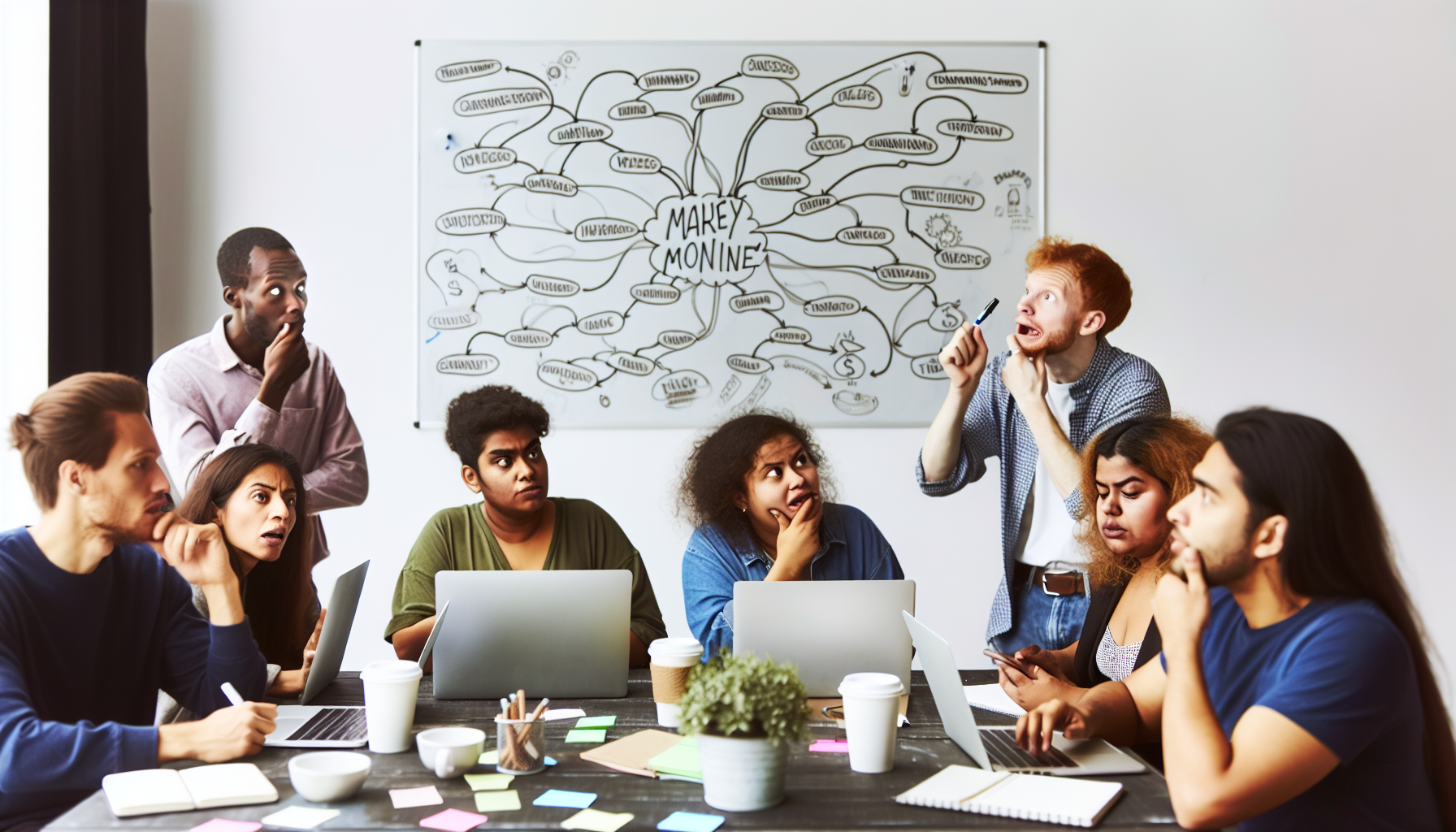 Ein Bild einer vielfältigen Gruppe von Menschen, die Ideen brainstormen, wie man online Geld verdienen kann. Sie sitzen um einen großen Tisch, der mit Laptops, Notizbüchern und Kaffeetassen bedeckt ist. Hinter ihnen ist eine große Mindmap auf einem Whiteboard gezeichnet, die mit Linien verschiedene Strategien und Konzepte verbindet. Eine Person, ein kaukasischer Mann, gestikuliert lebhaft mit einem Marker in der Hand auf das Whiteboard, während eine schwarze Frau nachdenklich mit dem Kinn in der Hand nickt. Ein männlicher Nahostler tippt auf seinem Laptop, während eine hispanische Frau Notizen macht. Eine südasiatische Frau schaut mit zusammengekniffenen Augen auf ihren Bildschirm, tief in Gedanken versunken.