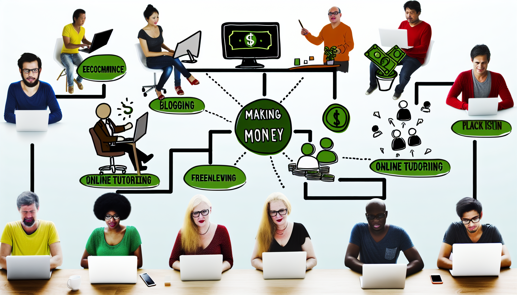 Ein Bild, das das Konzept des Geldverdienens im Internet veranschaulicht. Zeigen Sie verschiedene kreative Symbole für die Einkommensgenerierung online, wie eine E-Commerce-Website, Blogging, Online-Nachhilfe und freiberufliche Arbeit. Darüber hinaus sollte ein Diskussionsforum oder ein Chatraum dargestellt werden, in dem Menschen unterschiedlicher Herkunft, wie Kaukasier, Hispanics, Schwarze, Südasianer und Menschen aus dem Nahen Osten, Ideen austauschen und Wissen über das Geldverdienen im Internet teilen. Jede Person sollte aktiv an ihren Computern oder Smartphones sein und sich in bedeutungsvollen Gesprächen engagieren.
