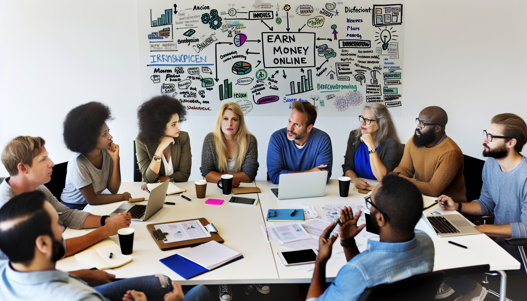 Erstellen Sie ein Bild von einer Brainstorming-Sitzung mit einer vielfältigen Gruppe von Personen, die über verschiedene Strategien nachdenken, um online Geld zu verdienen. Die Gruppe besteht aus Männern und Frauen unterschiedlicher Herkunft, darunter Kaukasier, Hispanics, Schwarze, Menschen aus dem Nahen Osten, Südasianer und Weiße. Sie sitzen um einen großen Tisch mit Laptops, Papieren und Kaffeetassen und diskutieren aktiv und teilen Ideen. Auf einem Whiteboard im Hintergrund sind wichtige Ideen und Skizzen aus dem Brainstorming sichtbar. Die Atmosphäre ist entspannt und kreativ und fördert Kommunikation und Zusammenarbeit.