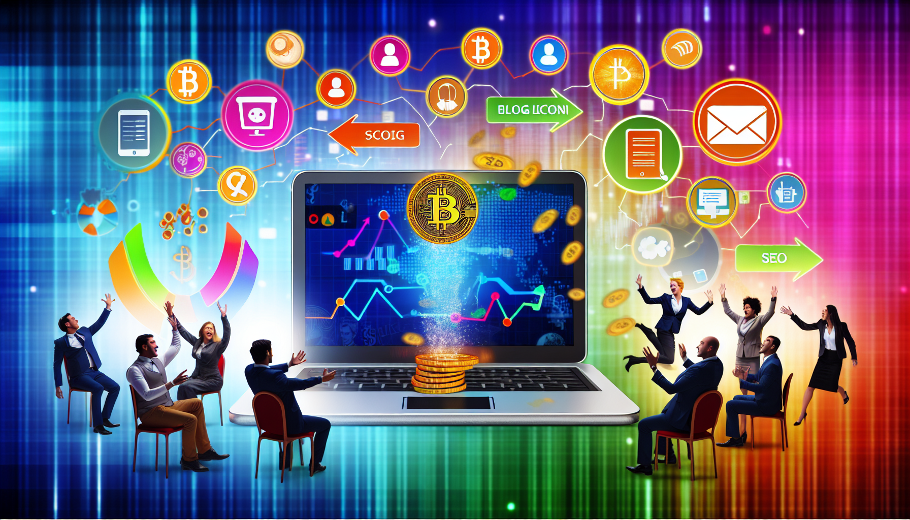Ein farbenfrohes digitales Bild, das das Konzept des Geldverdienens online darstellt. In der Mitte befindet sich ein moderner Laptop, aus dessen Bildschirm digitale Währungen wie Bitcoins strömen. Der Laptop steht auf einem Tisch, der mit verschiedenen Online-Geschäftswerkzeugen gefüllt ist, wie sozialen Medien-Icons, einer Blog-Oberfläche, einer Video-Sharing-Plattform-Oberfläche, einem Online-Einkaufswagen und einem SEO-Diagramm. Um den Tisch herum versammelt sich eine vielfältige Gruppe von Menschen unterschiedlichen Alters und ethnischer Herkunft, darunter Kaukasier, Menschen aus dem Nahen Osten und Südasien, die energisch Ideen zu diesem Thema austauschen.
