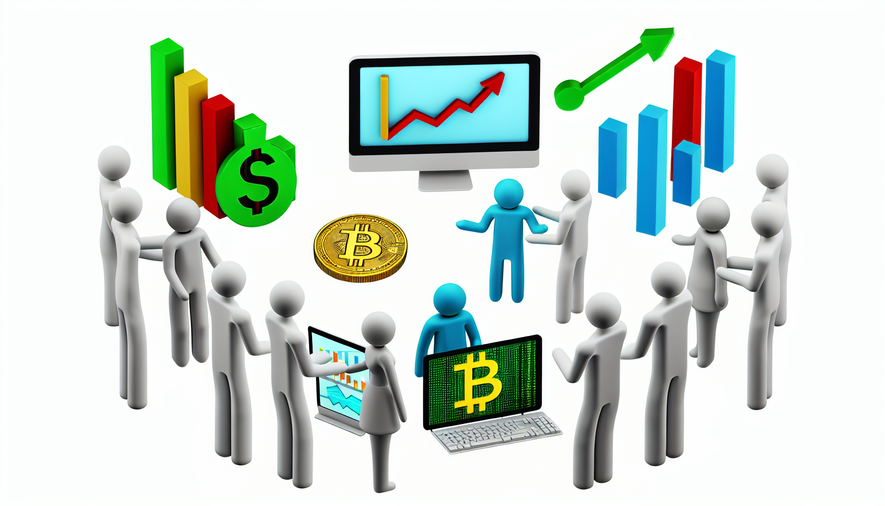 Ein Bild, das das Konzept des Geldverdienens online darstellt. Es enthält Symbole wie Computerbildschirme, die Diagramme zeigen, Grafiken, die Online-Einnahmen darstellen, und digitale Währungen wie Bitcoin. Es sollten humanoide Figuren zu sehen sein, die sich in freundlichen Gesprächen engagieren, Ideen und Strategien austauschen. Die Figuren könnten ein Gefühl von Zusammenarbeit und Teamarbeit ausstrahlen, einige könnten kaukasisch, einige schwarz und einige hispanisch sein. Sie bestehen aus beiden Geschlechtern, männlich und weiblich. Der Gesamteindruck des Bildes sollte Innovation, Unternehmertum und die digitale Welt suggerieren.