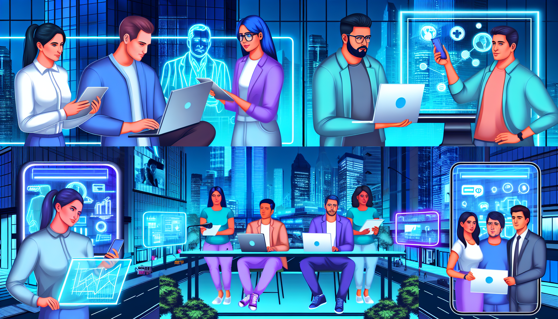 Stellen Sie eine geschäftige Online-Marketing-Szene in einer urbanen Stadtlandschaft dar. Zeigen Sie mit gleicher Prominenz: einen kaukasischen Mann, der digitale Analysen auf einem Laptop beobachtet, eine mittelöstliche Frau, die an einem virtuellen Meeting auf ihrem Tablet teilnimmt, einen hispanischen Mann, der eine Website auf seinem Desktop-Computer erstellt, und eine südasiatische Frau, die soziale Medieninteraktionen auf ihrem Smartphone verwaltet. Achten Sie darauf, dass die Umgebung das Wesen eines modernen Technologie-Hubs einfängt, mit sichtbaren digitalen Werbetafeln, lebhaften Neonlichtern und einem cyan-blauen Farbschema, das dominiert.