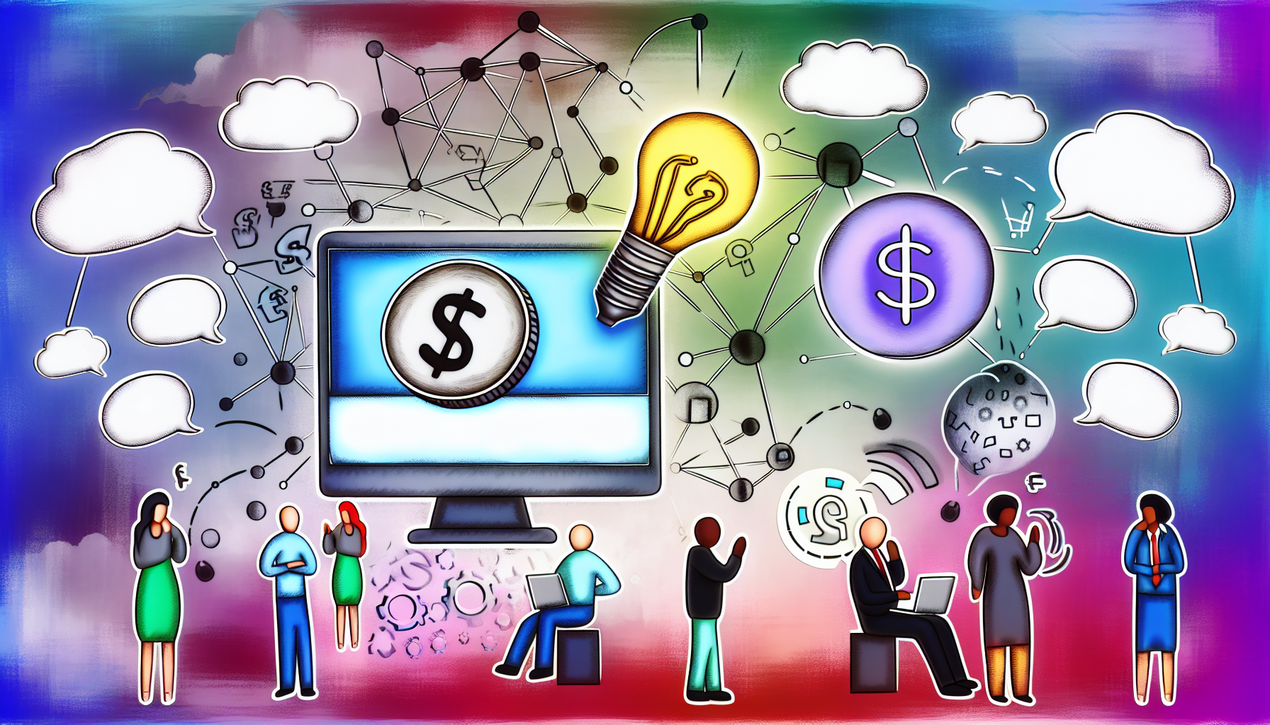 Eine abstrakte Darstellung des Konzepts, online Geld zu verdienen. Es gibt Symbole, die das Internet repräsentieren, wie einen Computer, ein Netzwerk verbundener Knoten und ein @-Symbol. Eine Münze mit einem Dollarzeichen in der Mitte kommt aus dem Computerbildschirm, was das Verdienen von Einnahmen symbolisiert. Außerdem sind nachdenkliche Glühbirnen und Sprechblasen zu sehen, die auf Brainstorming und den Austausch von Ideen hinweisen. Sowohl Männer als auch Frauen verschiedener Abstammungen sind präsent, was die globale und inklusive Natur dieses Konzepts verdeutlicht.
