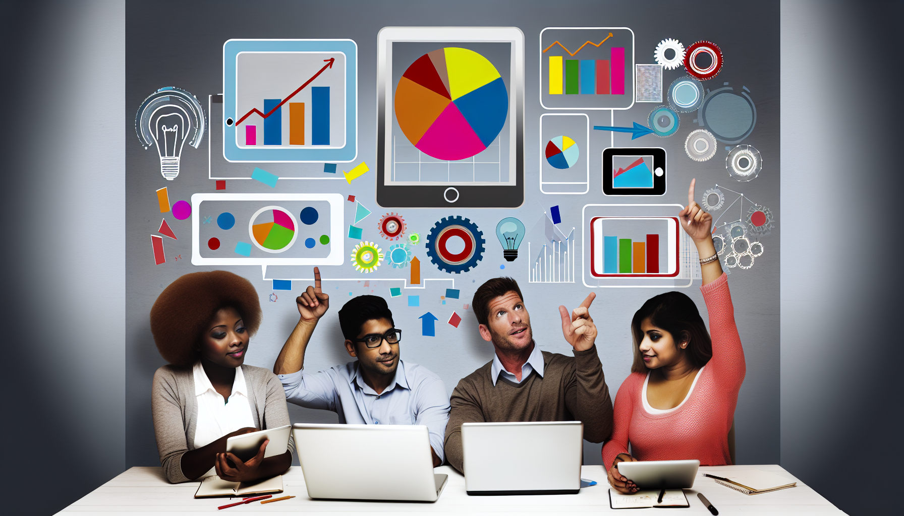 Erstellen Sie ein Bild, das das Konzept des Online-Marketings einfängt. Stellen Sie eine Vielzahl von digitalen Geräten wie Laptops, Smartphones und Tablets dar, die bunte Grafiken, Tortendiagramme und andere statistische Daten anzeigen. Zeigen Sie eine diverse Gruppe von Personen um einen Tisch: einen kaukasischen Mann, eine asiatische Frau, eine afrikanische Frau und einen nahöstlichen Mann, alle Fachleute in legerer Kleidung, die an einer Brainstorming-Sitzung teilnehmen. Sie sollten auf die Bildschirme zeigen, diskutieren und zusammenarbeiten, umgeben von Symbolen innovativer Ideen wie Glühbirnen, Zahnrädern und Pfeilen.
