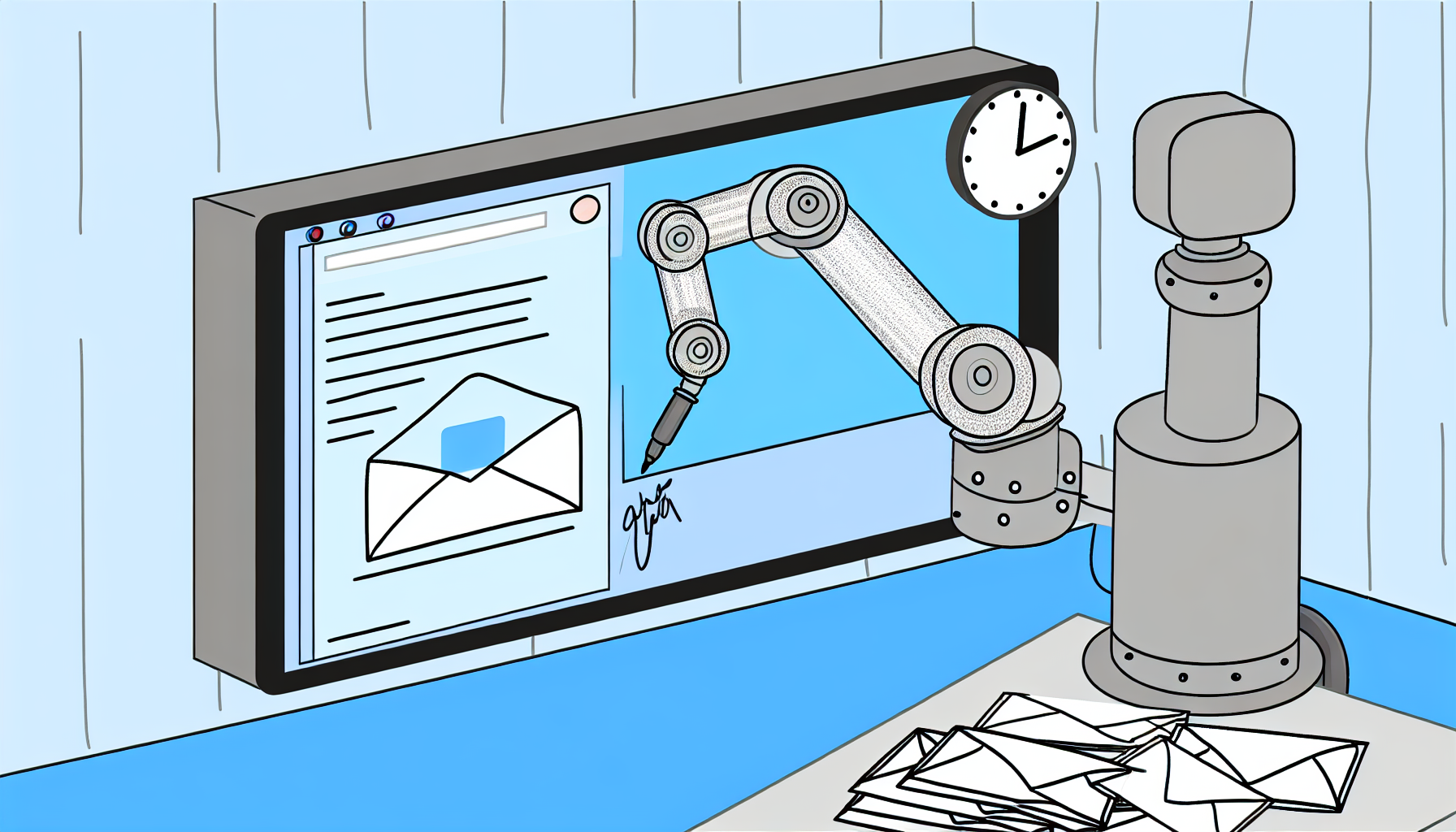 Zeichnen Sie ein automatisches E-Mail-Antwortsystem mit einem Roboterarm, der eine E-Mail auf einem digitalen Bildschirm schreibt. Der Arm besteht aus robustem grauem Metall. Der digitale Bildschirm ist groß und wandmontiert und zeigt eine geöffnete E-Mail mit einem lebhaften blauen Hintergrund. Neben dem Bildschirm hängt eine kleine runde Uhr an der Wand. Auf dem Tisch liegt ein großer Stapel traditioneller Umschläge, die auf Antworten warten.
