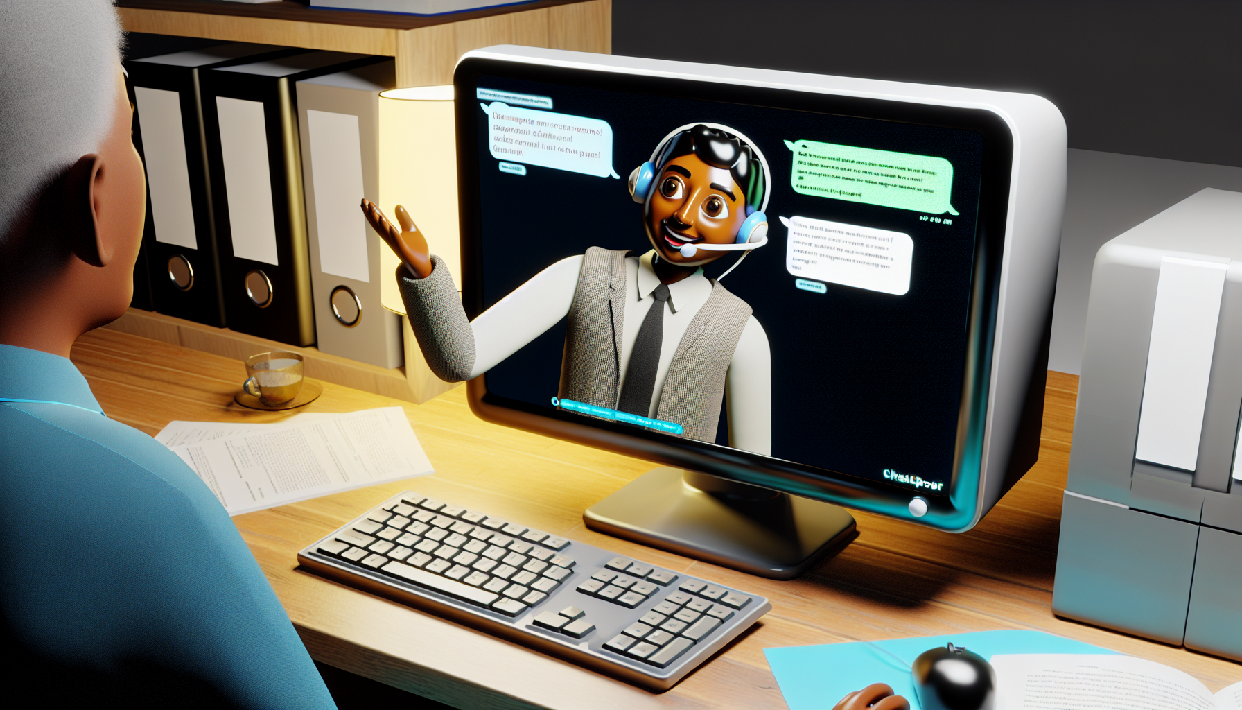 Ein automatisierter Antwortgeber oder Chatbot, der einem Kunden über den Computerbildschirm Informationen bereitstellt. Der Chatbot wird als freundlicher Cartoon-Charakter mit einem Headset visualisiert, der auf einem altmodischen Computer-Monitor erscheint. Der Charakter hat südasiatische Wurzeln, trägt professionelle Kleidung und lächelt, während er dem unsichtbaren Kunden hilft. Der Schreibtisch, auf dem der Computer-Monitor steht, ist mit Papieren, einer Tastatur, einer Maus und einer Tasse Kaffee überladen. Auf dem Bildschirm sind Chatnachrichten zu sehen, die ein technisches Problem besprechen.