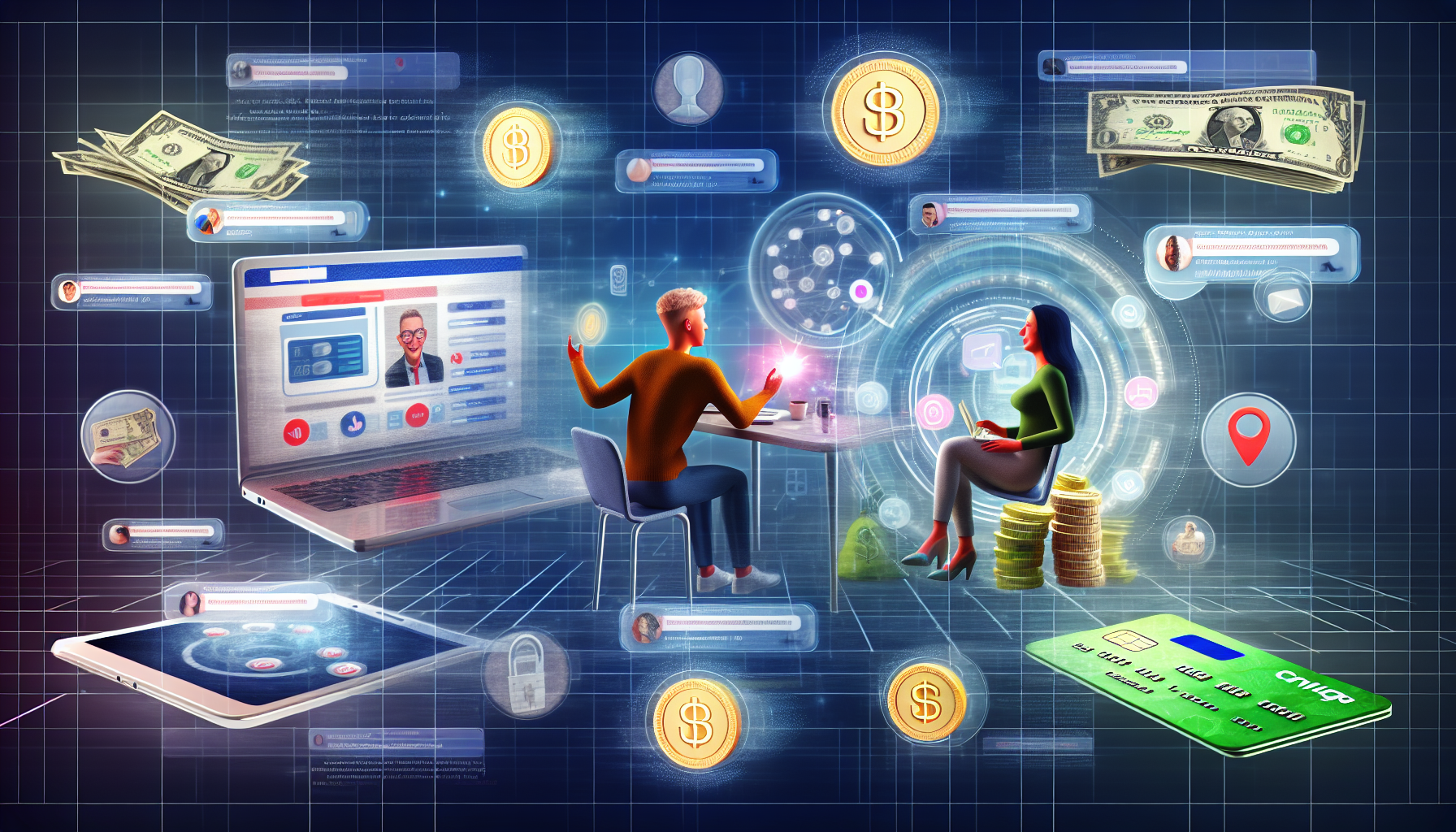Eine visuelle Darstellung des Konzepts, online Geld zu verdienen. Die Szene spielt in einer digitalen Umgebung mit verschiedenen verwandten Elementen. Internet-Ära-Gegenstände wie ein Laptop, der ein Finanz-Dashboard anzeigt, ein Smartphone, das E-Commerce-Anwendungen zeigt; physische Zeichen von Geld, einschließlich virtueller Münzen, einer Online-Brieftasche und einer Kreditkarte. Außerdem ein Online-Forum oder ein Chatfenster, das Diskussionen über innovative Ideen und den Austausch von Informationen darüber, wie man online Geld verdienen kann, zeigt. Figuren von zwei Personen, einer kaukasischen Frau und einem männlichen Menschen aus dem Nahen Osten, die in ein lebhaftes Gespräch über ihre Online-Vorhaben vertieft sind.