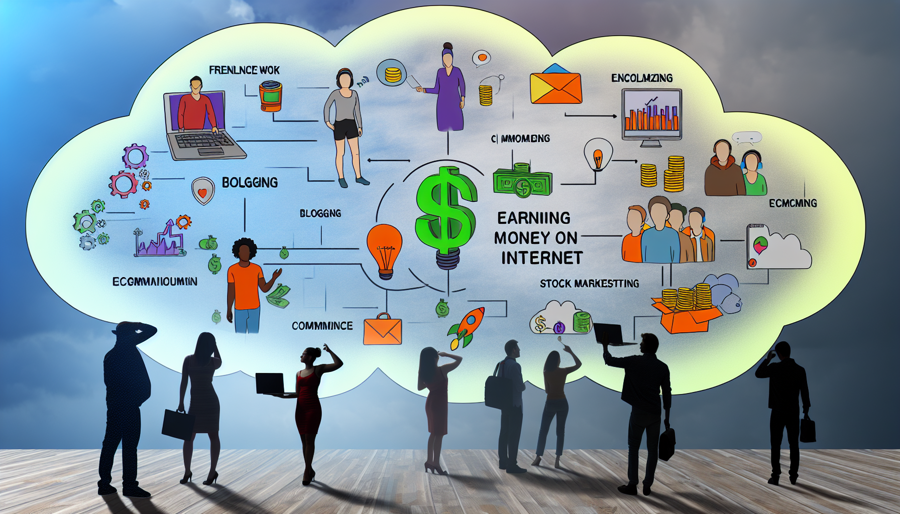 Eine Darstellung eines Konzepts, das das Geldverdienen im Internet repräsentiert. Verschiedene Methoden werden illustriert, wie Online-Freelance-Arbeit, Blogging, Investitionen in den Aktienmarkt und E-Commerce. Menschen unterschiedlicher Herkunft sind in dem Kunstwerk zu sehen, um Inklusivität darzustellen. Die Szene umfasst Brainstorming-Sitzungen, gegenseitigen Austausch von Ideen und gemeinsames Lernen, was die Kraft des Austauschs und der Kommunikation in der modernen digitalen Wirtschaft demonstriert.
