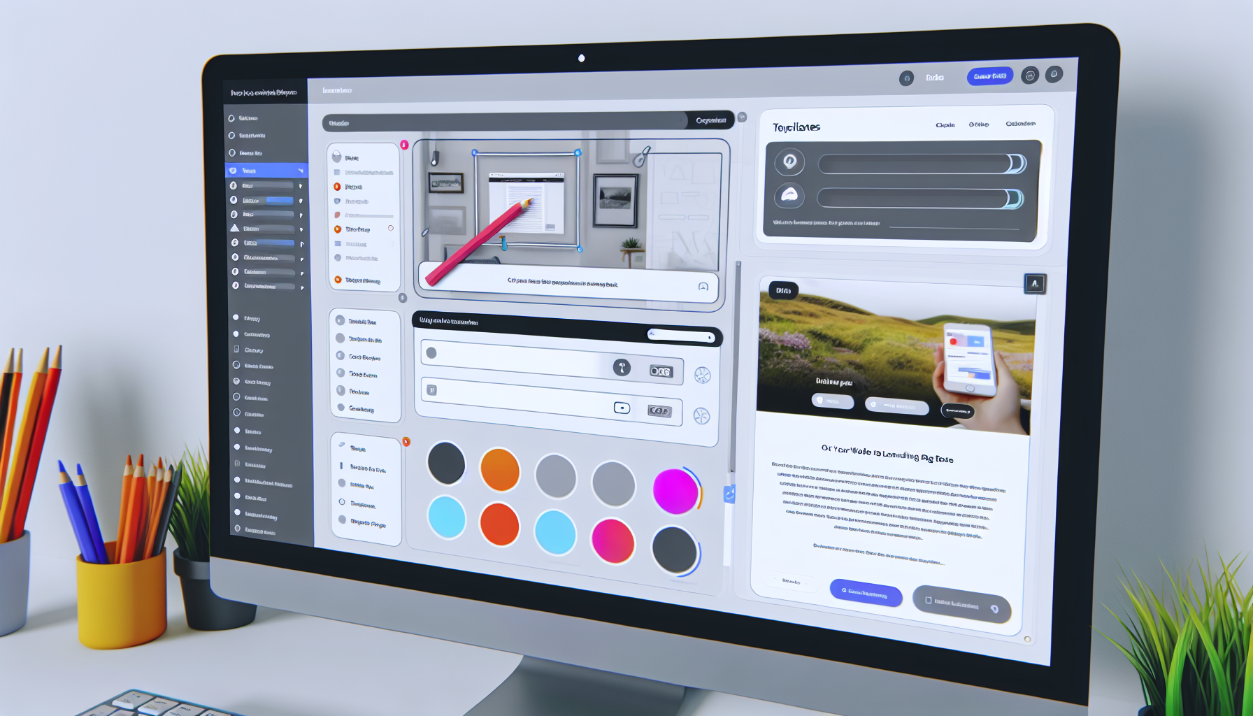Ein Bild, das eine moderne und intuitive Benutzeroberfläche eines Landing Page Builders auf einem Computerbildschirm zeigt. Schaltflächen für verschiedene Bearbeitungsoptionen wie Bilder, Text und Farben sind in einer Werkzeugleiste sichtbar. Zusätzlich ist auf der Seite ein separates Panel für Vorlagen zu sehen. Der Arbeitsbereich zeigt eine halb fertiggestellte Landing Page mit einer Vielzahl von Elementen, darunter ein Header mit Logo, eine Navigationsleiste und Inhaltsbereiche, die einen Slider, einen Textabschnitt und einen Bereich für Testimonials umfassen. Auf dem Bildschirm bewegt sich ein Cursor über die Elemente, was auf die Interaktivität und die Drag-and-Drop-Funktionalität des Builders hinweist.