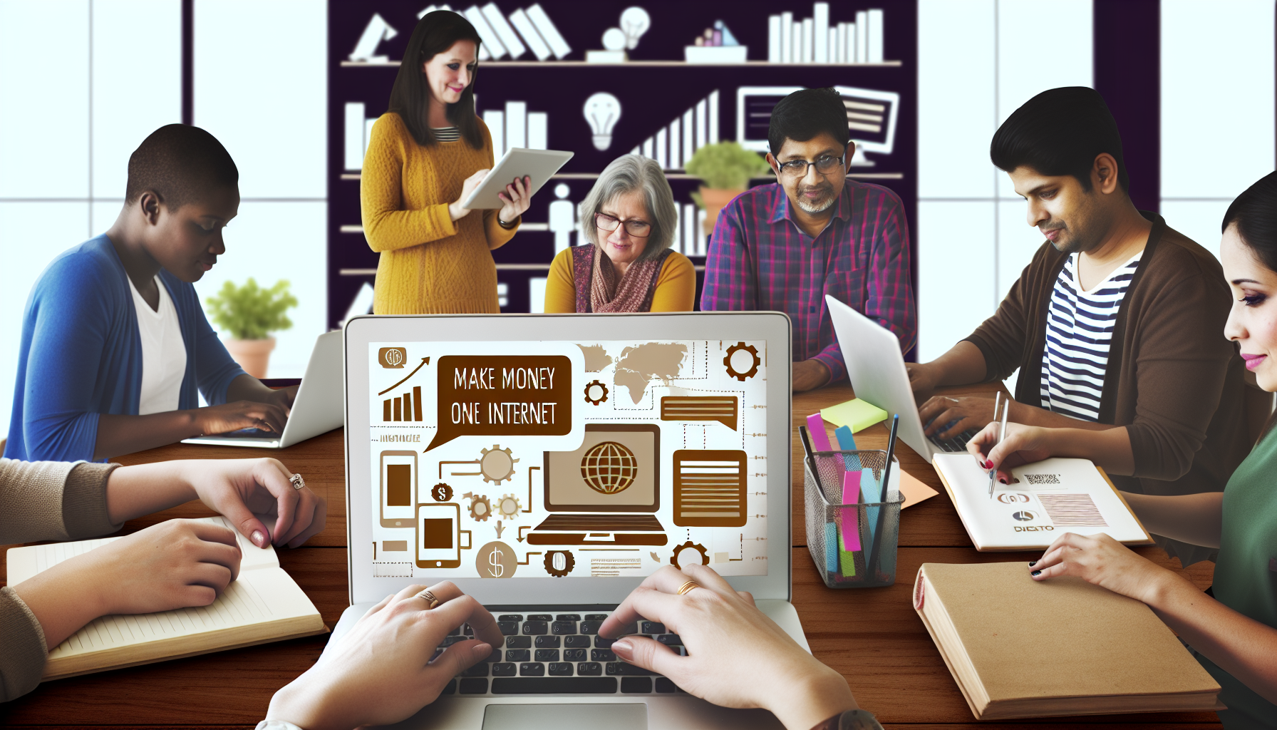 Ein Bild, das eine vielfÃ¤ltige Gruppe von Menschen zeigt, die an einem Online-Forum teilnehmen, um innovative Ideen zum Geldverdienen im Internet auszutauschen. Eine kaukasische Frau tippt an einem Laptop, ein mittelÃ¶stlicher Mann recherchiert auf einem Tablet, ein hispanischer Mann brainstormt mit einem Notizblock, und eine sÃ¼dasiatische Frau prÃ¤sentiert einen digitalen GeschÃ¤ftsplan. Der Raum ist mit BÃ¼chern, Diagrammen und Haftnotizen gefÃ¼llt, was auf eine Brainstorming-Sitzung hindeutet.