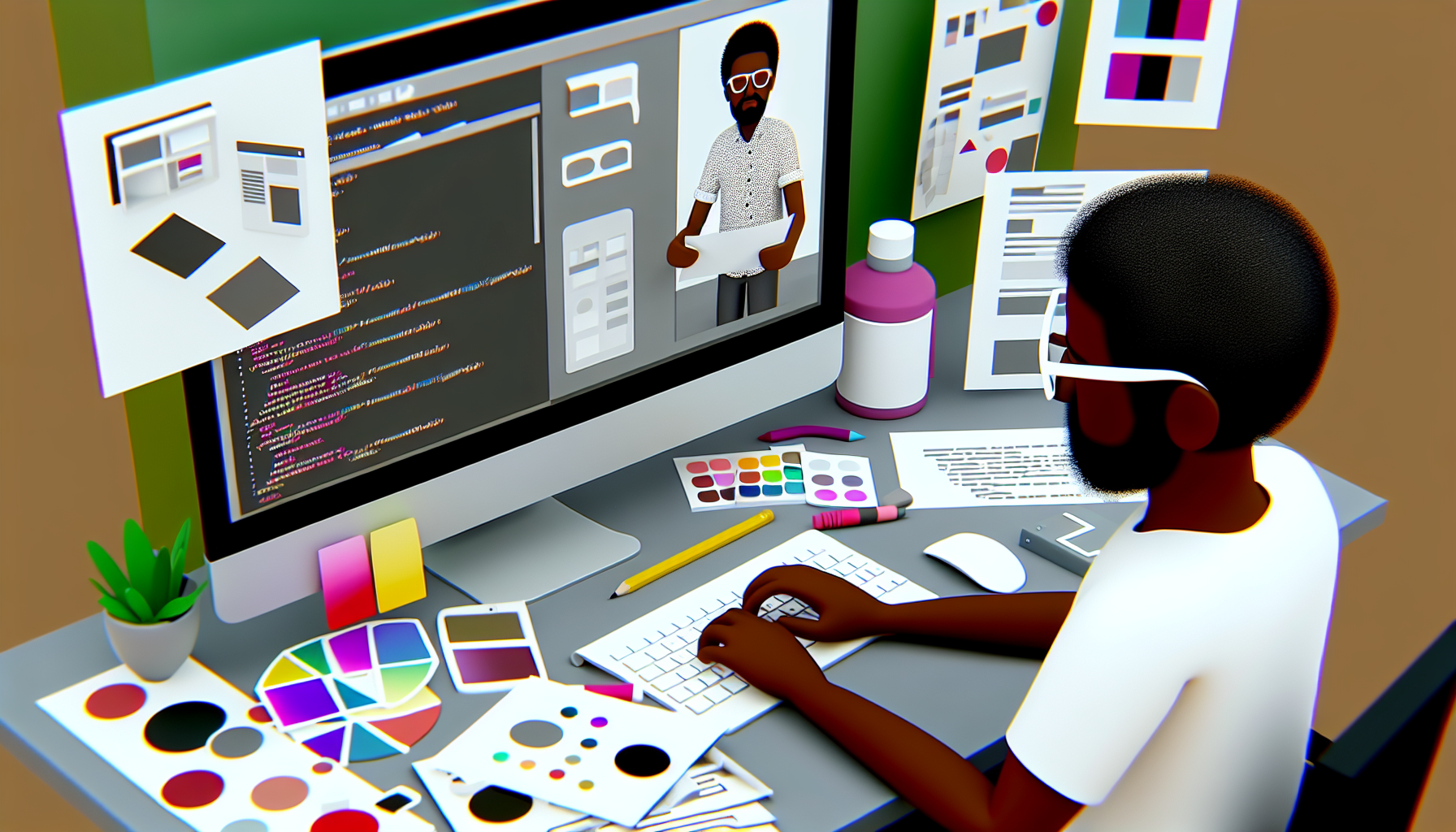 Stellen Sie sich einen komplexen 3D-Arbeitsbereich vor, der mit verschiedenen Werkzeugen und Elementen gefüllt ist, die mit dem Design von Landing Pages zu tun haben. In der Mitte steht ein Desktop-Computer mit einem Bildschirm, der einen Code-Editor zeigt. Neben dem Computer befindet sich ein Whiteboard mit Skizzen eines Layouts für eine Landing Page, Farbpaletten, Typografie-Muster und eine Sammlung von benutzerdefinierten Icons. In der Nähe sitzt ein mittelalter Mann mit schwarzer Hautfarbe und Brille, der vertieft in seine Arbeit ist und auf der Tastatur tippt. Er trägt ein lässiges Hemd und hat kurze, lockige Haare. Der Raum ist gut beleuchtet und organisiert, was die kreative und gleichzeitig akribische Natur des Prozesses des Erstellens von Landing Pages widerspiegelt.