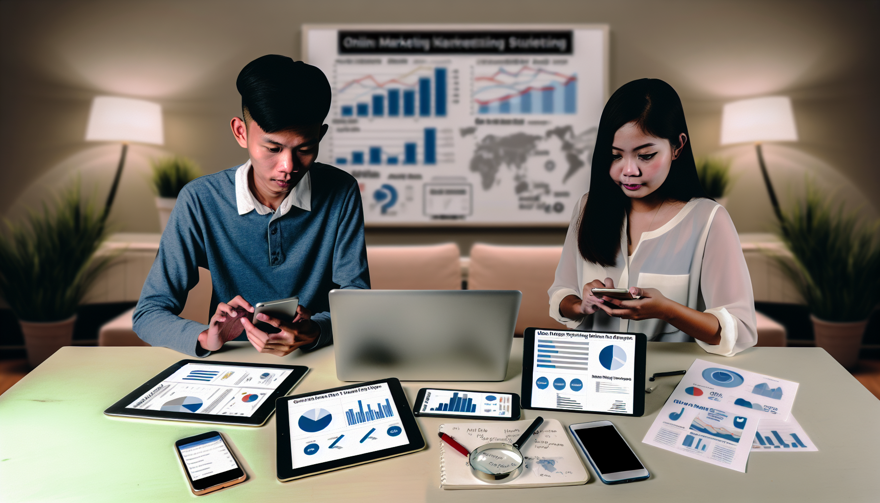 Stellen Sie sich eine vielfÃ¤ltige Anordnung von GerÃ¤ten vor, wie ein Laptop, ein Smartphone und Tablets, die auf einem Tisch verstreut sind. Auf ihren Bildschirmen sind verschiedene Online-Marketing-Plattformen zu sehen, die Analysedaten, Grafiken, Diagramme und Social-Media-BeitrÃ¤ge anzeigen. Ein junger asiatischer Mann und eine kaukasische Frau, beide Ende zwanzig und in Business-Casual-Kleidung gekleidet, sind vertieft in die Analyse von Daten, machen Notizen und entwickeln Strategien. Im Hintergrund ist ein neutral gehaltenes Zimmer mit einem groÃŸen Whiteboard zu sehen, das Diagramme und PlÃ¤ne enthÃ¤lt.