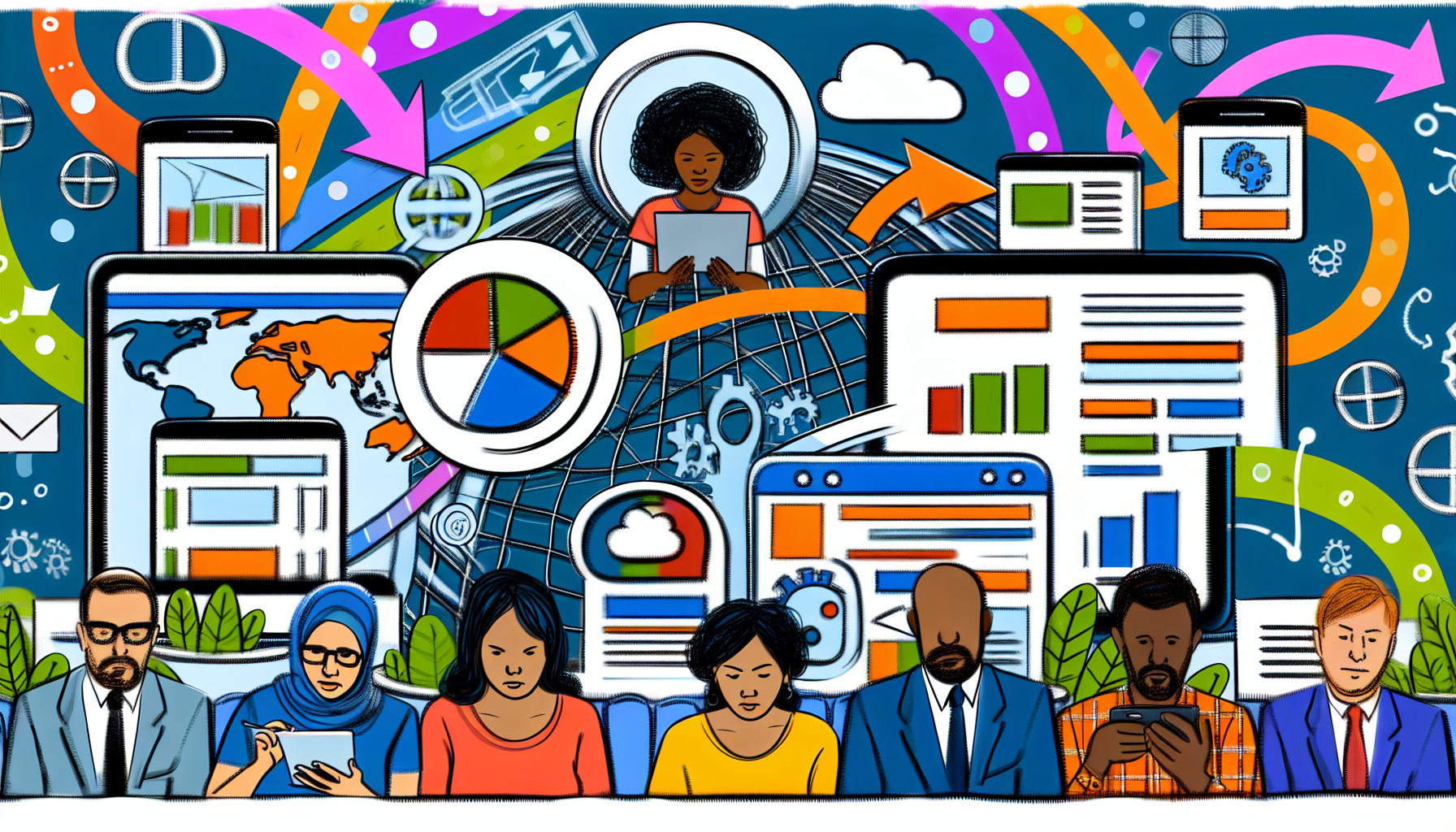 Illustrieren Sie das Konzept des Online-Marketings. Zeigen Sie eine digitale Landschaft, die mit verschiedenen E-Commerce-Plattformen gefüllt ist, die durch ihre thematischen Elemente dargestellt werden. Fügen Sie eine stilisierte Darstellung des Datenflusses hinzu, der den Internetverkehr darstellt und durch diese Plattformen fließt. Stellen Sie auch eine vielfältige Gruppe von Menschen dar, die mit ihren Geräten interagieren. Zeigen Sie speziell eine mittelöstliche Frau, die einen Laptop benutzt, einen schwarzen Mann, der ein Tablet verwendet, und einen kaukasischen Mann, der sein Smartphone nutzt. Heben Sie wichtige Konzepte wie SEO, Content-Marketing und Engagement in sozialen Medien hervor. Halten Sie die Farbpalette hell und ansprechend.