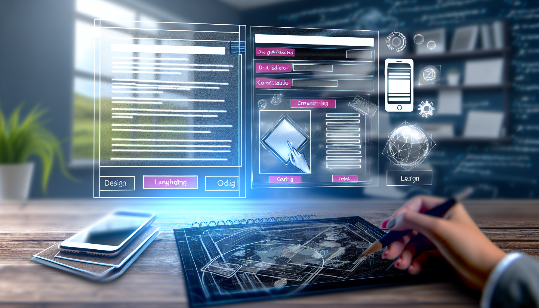 Erstellen Sie eine visuelle Darstellung einer digitalen Plattform, die zum Erstellen von Landing Pages verwendet wird. Diese Plattform sollte eine intuitive und benutzerfreundliche Oberfläche haben. Sie sollte Designmerkmale wie einen Drag-and-Drop-Editor, anpassbare Vorlagen und ein Analyse-Dashboard klar präsentieren. Die Plattform sollte auch den laufenden Aufbau einer Landing Page anzeigen, die einen gut strukturierten Kopfbereich, einen ansprechenden Hauptinhalt mit hochwertigen Bildern und überzeugendem Text, einen klaren und prägnanten Call-to-Action sowie einen ordentlichen Footer umfasst. Im Hintergrund sollten subtile Hinweise auf Codierungselemente zu sehen sein, die sich harmonisch mit Designelementen verweben und eine kohärente Verbindung zwischen Technologie und Kreativität schaffen.