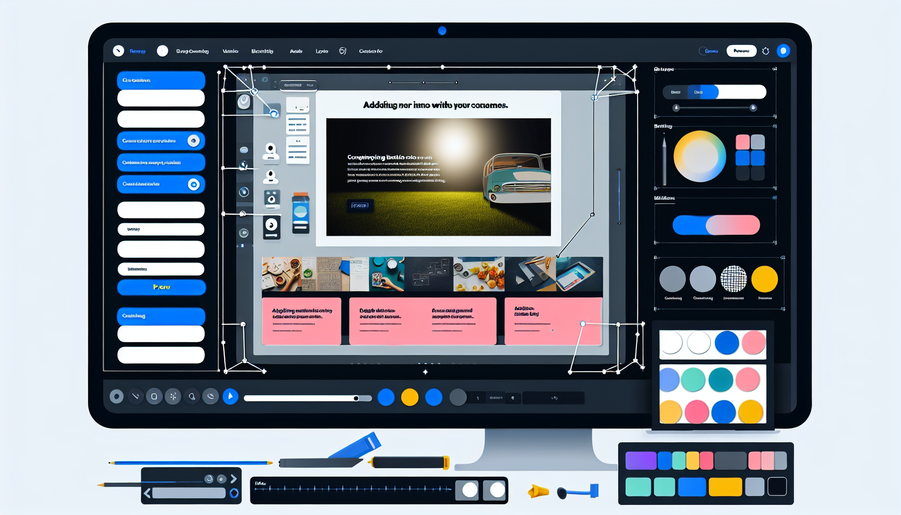 Stellen Sie sich einen digitalen Arbeitsbereich vor, der eine BenutzeroberflÃ¤che fÃ¼r einen Landing Page Builder darstellt. Der Arbeitsbereich enthÃ¤lt eine Vielzahl von Werkzeugen und Optionen, die in den Seitenleisten angeordnet sind. In der linken Seitenleiste befinden sich Werkzeuge zum HinzufÃ¼gen von Bildern, Texten, SchaltflÃ¤chen und Formularen. Der zentrale Bereich des Bildschirms zeigt eine im Entwurf befindliche Landing Page mit einem fesselnden Hero-Bild, einer Ã¼berzeugenden Ãœberschrift, einer AufzÃ¤hlung von Funktionen und einer klaren Handlungsaufforderung, die hervorsticht. In der rechten Seitenleiste sind verschiedene Anpassungsoptionen wie Farbpaletten, Schriftarten und Layout-Auswahlen zu sehen. Eine Vorschau-SchaltflÃ¤che befindet sich in der oberen rechten Ecke, um Ã„nderungen zu visualisieren.