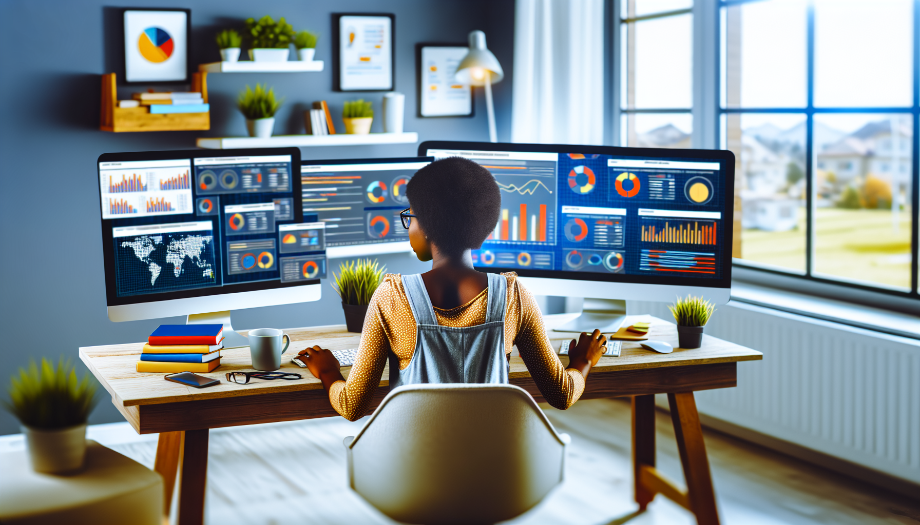 Stellen Sie sich eine Online-Marketing-Szene vor, in der eine junge schwarze Frau vor ihrem Computer sitzt und Daten aus verschiedenen Quellen analysiert. Auf ihrem Computer sind zahlreiche Bildschirme geöffnet, die digitale Diagramme und Grafiken anzeigen. Auf ihrem Schreibtisch liegen mehrere Marketingbücher, eine Tasse Kaffee und einige Zimmerpflanzen zur Dekoration. Die Atmosphäre des Raumes ist lebhaft, mit hellem Licht, das durch das Fenster strömt. Sie ist ganz in ihre Arbeit vertieft und verkörpert die Hingabe und Intensität von Menschen im Marketingbereich.