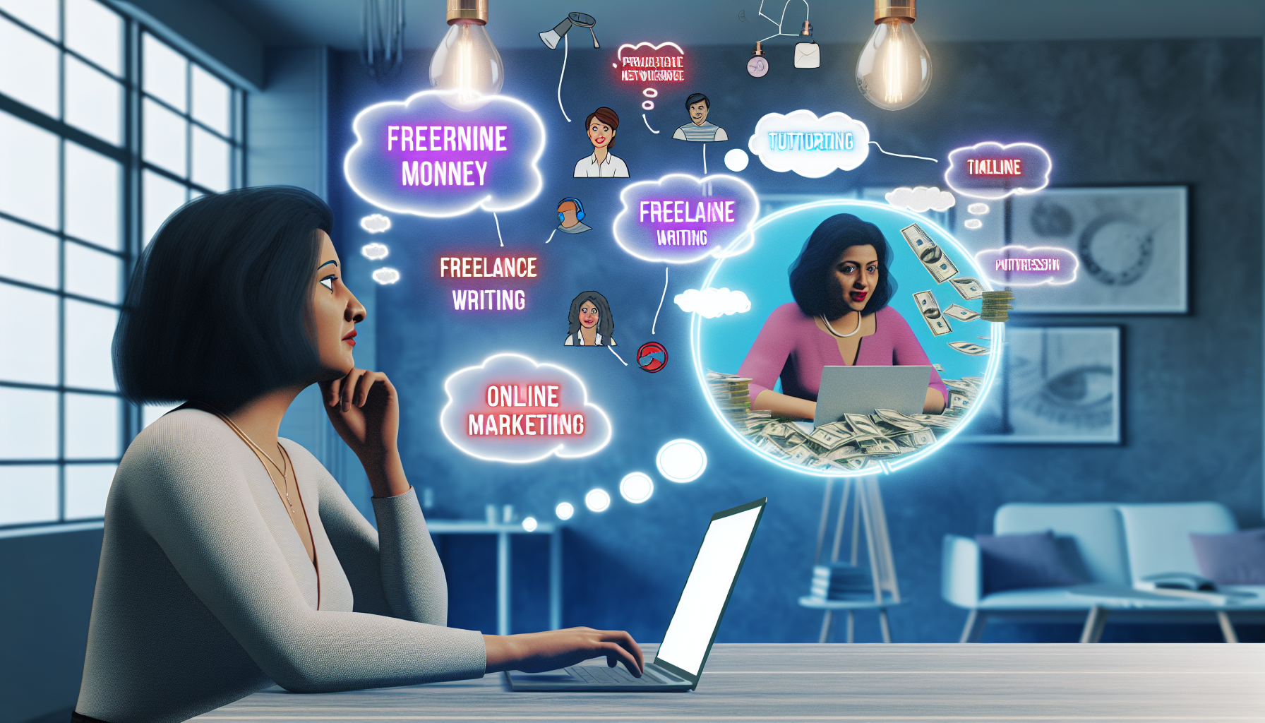 Eine illustrative Darstellung verschiedener Methoden, um online Geld zu verdienen. Das Bild zeigt eine Person europäischer Abstammung, die an einem Schreibtisch mit einem Laptop sitzt und verschiedene Möglichkeiten recherchiert, online Geld zu verdienen. Darüber können Gedankenblasen erscheinen, die verschiedene Optionen zum Geldverdienen im Internet manifestieren, wie freiberufliches Schreiben, Online-Nachhilfe, digitales Marketing usw. In einer Ecke kann eine südasiatische Frau gezeigt werden, die an einem virtuellen Networking-Event teilnimmt und Ideen über Online-Unternehmertum austauscht. Der Raum ist mit zeitgenössischer Dekoration eingerichtet, und die Atmosphäre vermittelt Innovation und produktives cybernetisches Engagement.