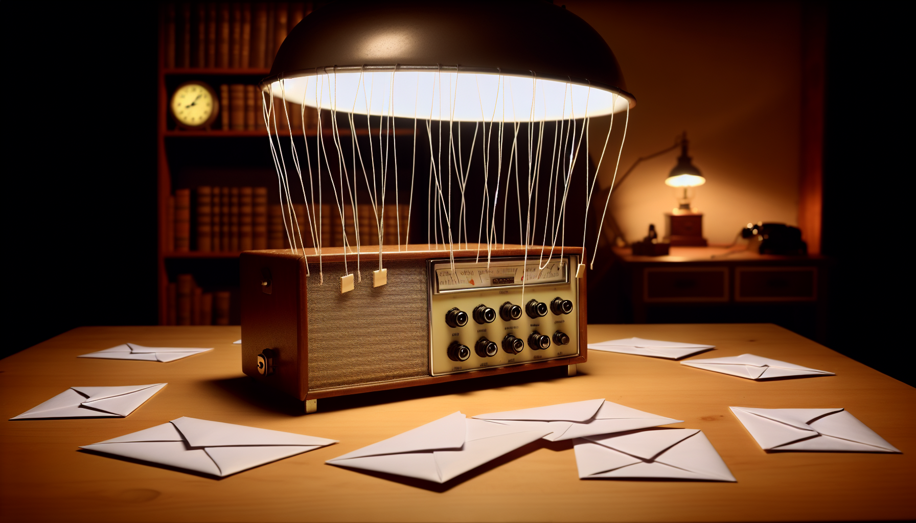 Ein vintage elektronisches Gerät, bekannt als Autoresponder, steht auf einem Holztisch. Der Autoresponder hat eine kastenförmige Gestalt mit mehreren Tasten und Schaltern auf seinem Bedienfeld. An den Seiten des Tisches hängen unsichtbare Fäden, die verschiedene Umschläge halten und den Eindruck von Schwebenden vermitteln. Die Szene wird von einer warmen, vintage Deckenlampe beleuchtet, die lange Schatten über die Szenerie wirft. Im Hintergrund sieht man eine gemütliche Anordnung von Bücherregalen, die mit alten Büchern gefüllt sind.