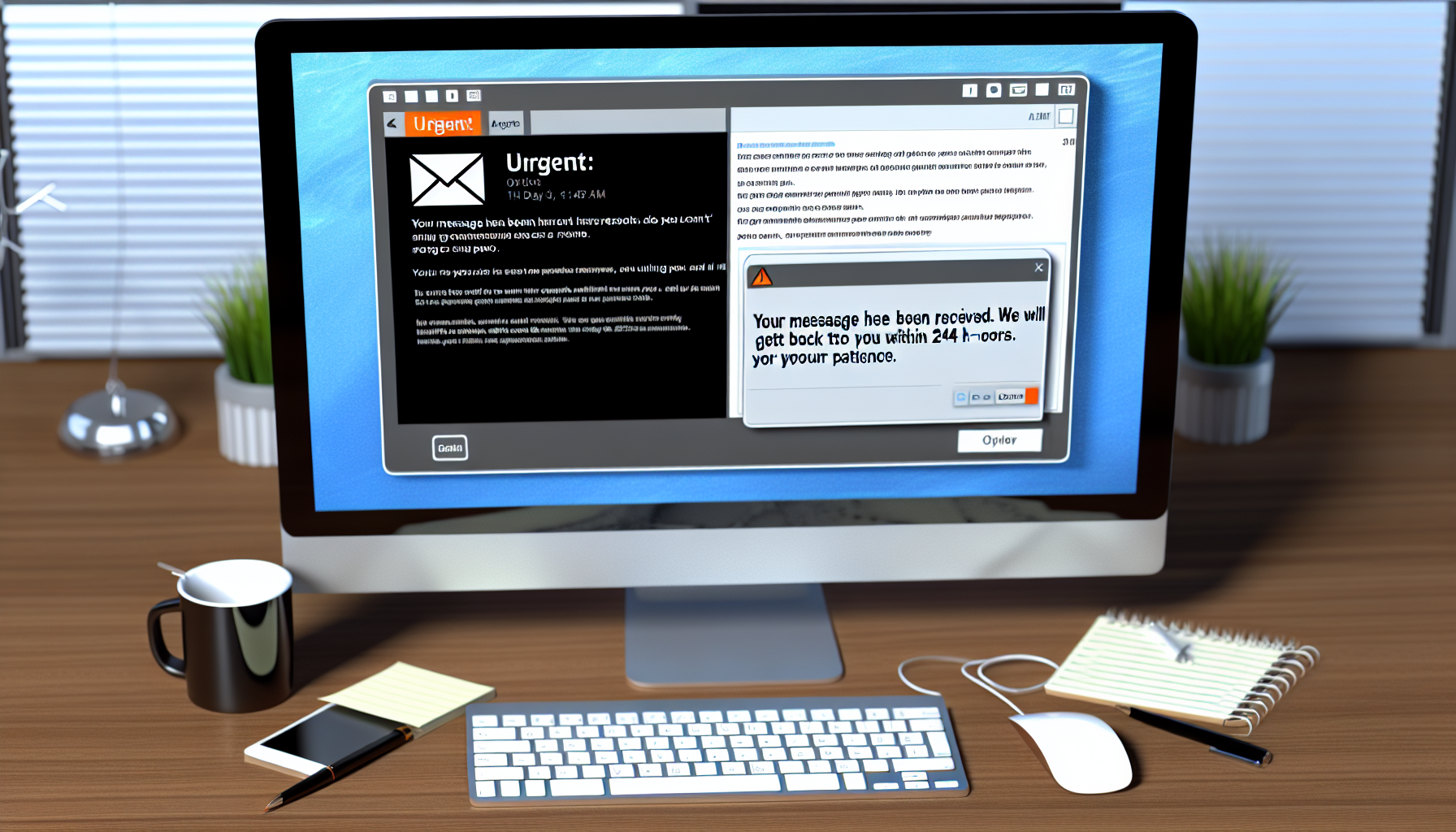 Ein Softwaresystem, das automatisch auf eingehende Nachrichten reagiert, dargestellt auf einem Computerbildschirm mit einem geöffneten E-Mail-Programm. Auf dem Bildschirm befindet sich eine eingehende E-Mail mit dem Betreff 'Dringend: Antwort erforderlich!' und eine vorbereitete, ausgehende Antwort im rechten Bereich, die lautet: 'Ihre Nachricht wurde erhalten. Wir werden uns innerhalb von 24 Stunden bei Ihnen melden. Vielen Dank für Ihre Geduld.' Um den Computer herum befinden sich weitere Büromaterialien wie ein Stift, ein Notizblock und eine Kaffeetasse.