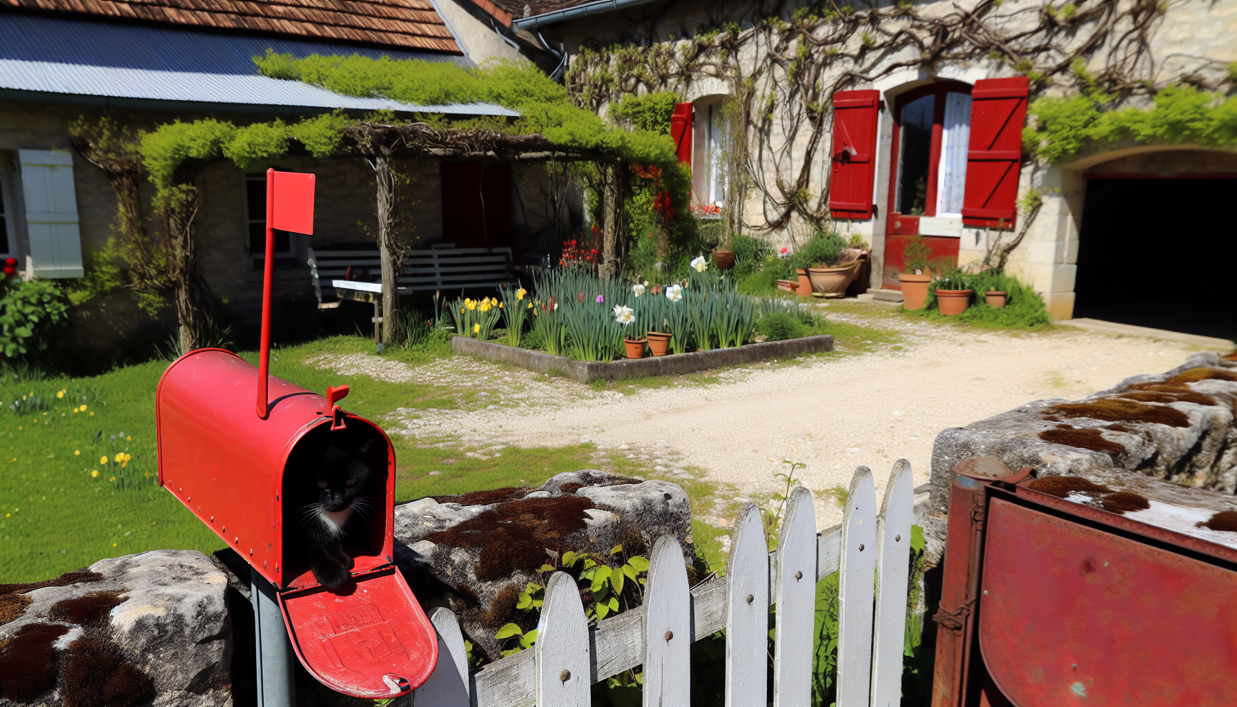 Eine kleine, vintage aussehende Briefkasten, der rot ist und eine schwarze Fahne hat, die herausragt. Der Briefkasten befindet sich vor einem malerischen Landhaus, das von einem vintage weißen Lattenzaun umgeben ist. Unter der Mittagssonne sitzt eine schwarze Katze ephemer und sonnt sich neben dem Briefkasten. Die Außenwände des Hauses sind mit von Weinranken überwucherten Steinen geschmückt, und ein Kopfsteinpflasterweg führt zum Eingang. Der Garten ist lebhaft und blüht mit Rosen, Schwertlilien, Narzissen und Lavendel, was eine duftende Atmosphäre schafft.