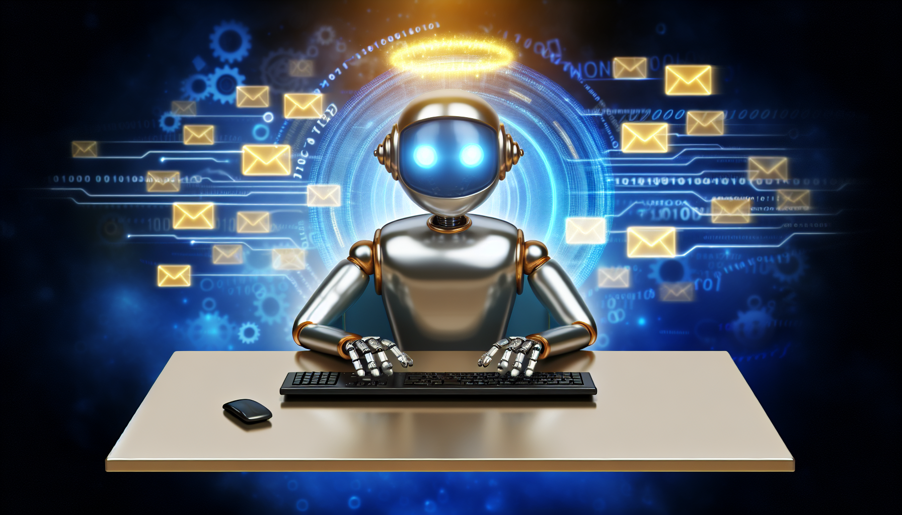Ein automatisches Antwortsystem, auch bekannt als Autoresponder, wird als freundlicher Roboter dargestellt, der hinter einem eleganten modernen Schreibtisch sitzt. Er tippt fleißig auf einer Tastatur, während er auf einen holografischen Bildschirm schaut, der E-Mails projiziert. Der Roboter ist in glänzendem Silber lackiert und hat leuchtend blaue Augen. Im Hintergrund sind abstrakte Formen und Symbole zu sehen, die Technologie repräsentieren, darunter Zahnräder, Schaltkreis-Muster und binäre Code-Sequenzen. Ein goldener Lichtschein strahlt von dem Computer aus, an dem er arbeitet, was andeutet, dass seine Hilfe für viele von unschätzbarem Wert ist.
