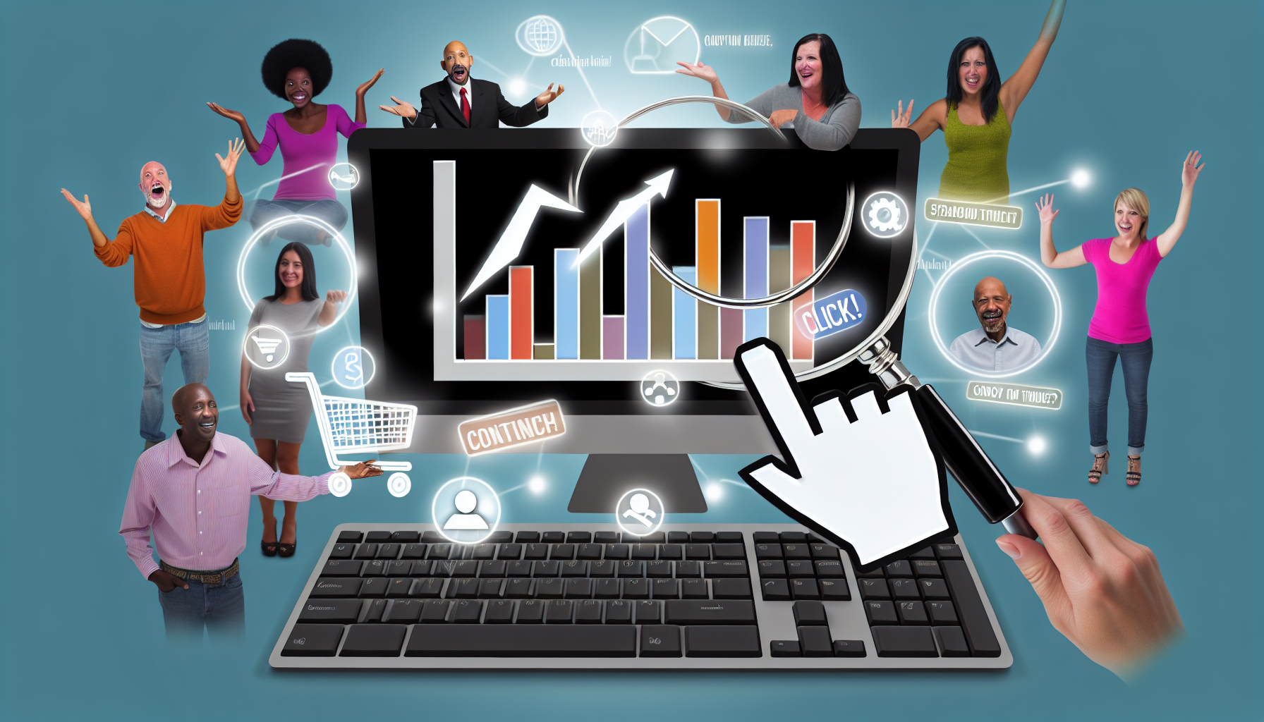 Eine Illustration, die das Konzept des Online-Marketings darstellt. In der Mitte befindet sich ein Computerbildschirm, der ein Balkendiagramm mit steigender Tendenz zeigt, was das Wachstum im Verkauf symbolisiert. Verschiedene digitale Symbole wie ein Einkaufswagen, eine Lupe neben dem Wort „Suche“ und ein Klick-Symbol schweben um den Computer. Auf der Tastatur greift eine offene Hand aus dem Bildschirm heraus, was die direkte Interaktion mit den Verbrauchern symbolisiert. An der Seite ist eine vielfältige Gruppe von Menschen zu sehen, darunter eine schwarze Frau, ein hispanischer Mann, eine südasiatische Frau, ein nahöstlicher Mann und eine kaukasische Frau, die begeistert Strategien diskutieren und dabei eine Mischung aus traditionellen und digitalen Medien verwenden.