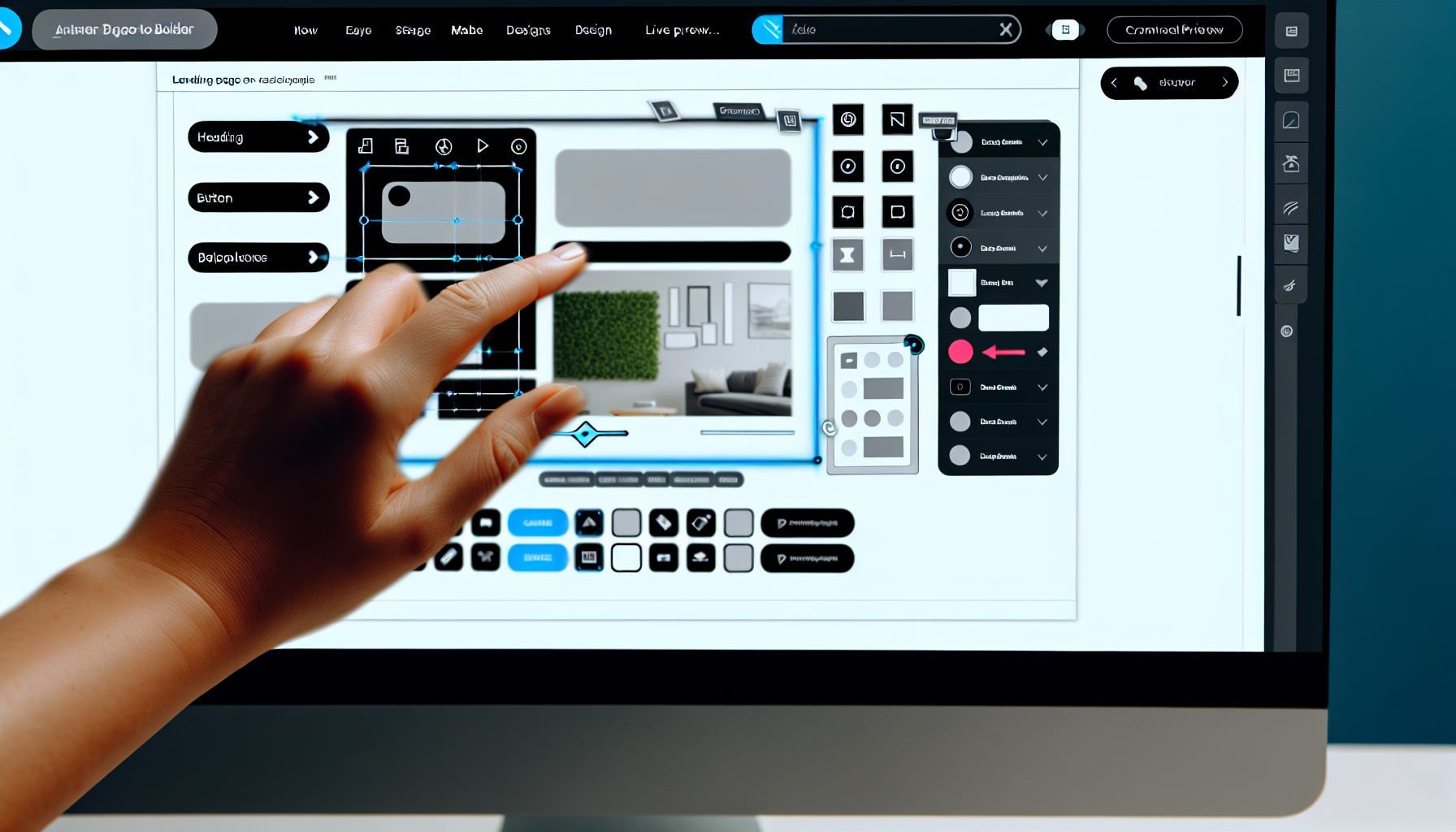 Illustrieren Sie eine Landing-Page-Builder-Oberfläche auf einem Computerbildschirm, die aus einem schrägen Winkel betrachtet wird. In der Benutzeroberfläche werden verschiedene Elemente wie Überschriften, Schaltflächen, Bildplatzhalter und Textfelder gezogen und abgelegt, um eine Webseite zu gestalten. Die Ästhetik der Benutzeroberfläche ist schlank, modern und benutzerfreundlich, mit klaren Symbolen und Beschriftungen. Es gibt auch einen Live-Vorschau-Bereich, der sich in Echtzeit aktualisiert, während Änderungen vorgenommen werden. Die Benutzeroberfläche ist ein ausgewogenes Zusammenspiel von hellen und dunklen Themen, was sie augenfreundlich macht und gleichzeitig die wichtigsten Designelemente betont.