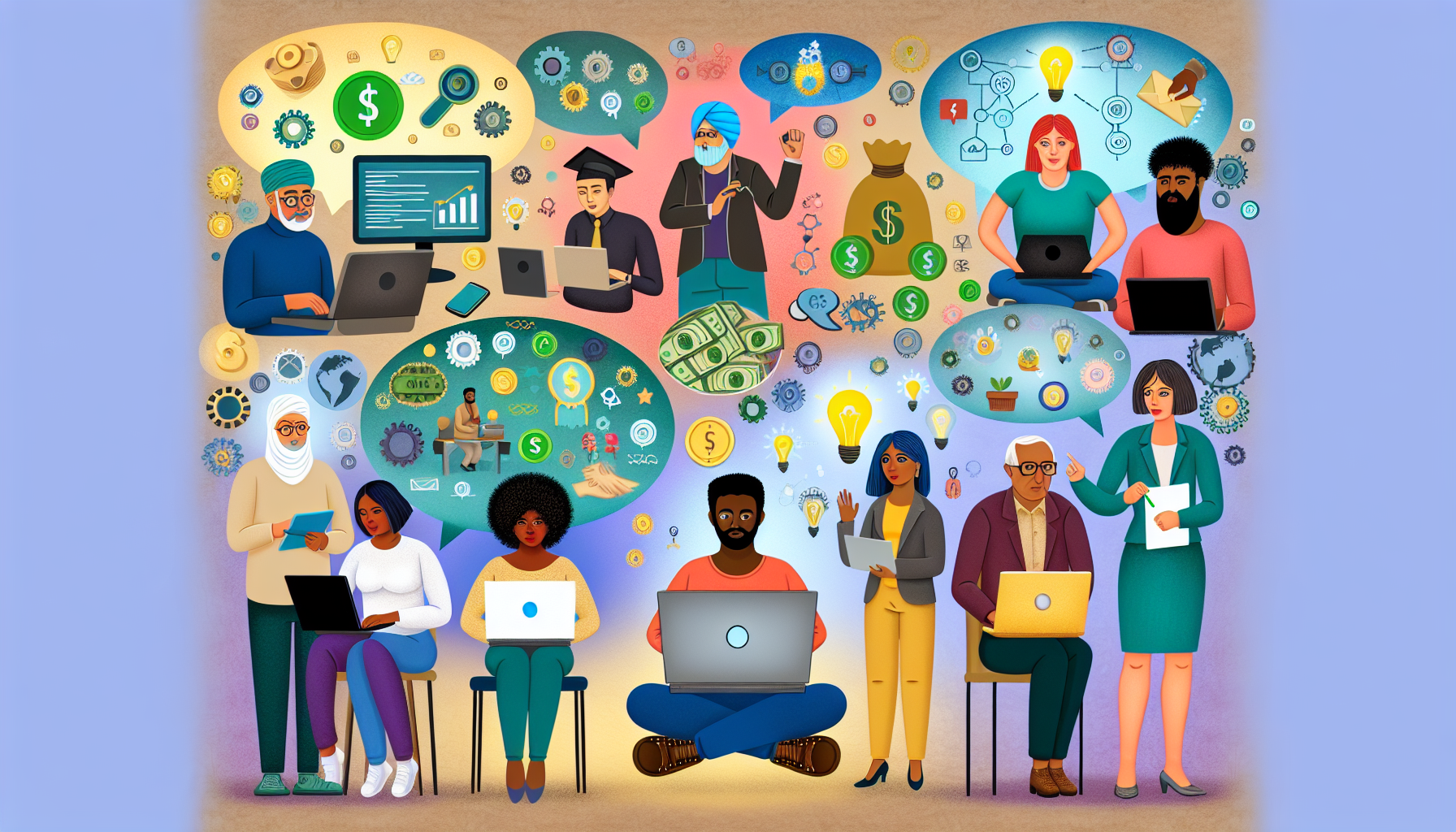 Eine Illustration, die das Konzept des Geldverdienens online darstellt. Zeigen Sie eine vielfältige Gruppe von Menschen unterschiedlicher Abstammung, wie Kaukasier, Hispanics, Schwarze, Menschen aus dem Nahen Osten und Südasien, die sich mit verschiedenen Online-Aktivitäten beschäftigen. Einige arbeiten an Laptops, während andere einen Podcast streamen. Eine Person programmiert, und eine andere verkauft handgefertigte Produkte online. Fügen Sie eine Vielzahl unterschiedlicher Währungen hinzu, die von einer virtuellen Wolke herabfallen, um das Online-Einkommen zu symbolisieren. Im Hintergrund haben Sie eine symbolische Darstellung verschiedener Ideen, die über Gedankenblasen ausgetauscht werden, die verschiedene Symbole enthalten, wie Glühbirnen für Ideen, Zahnräder für Entwicklung und Händedrücke für Vereinbarungen.