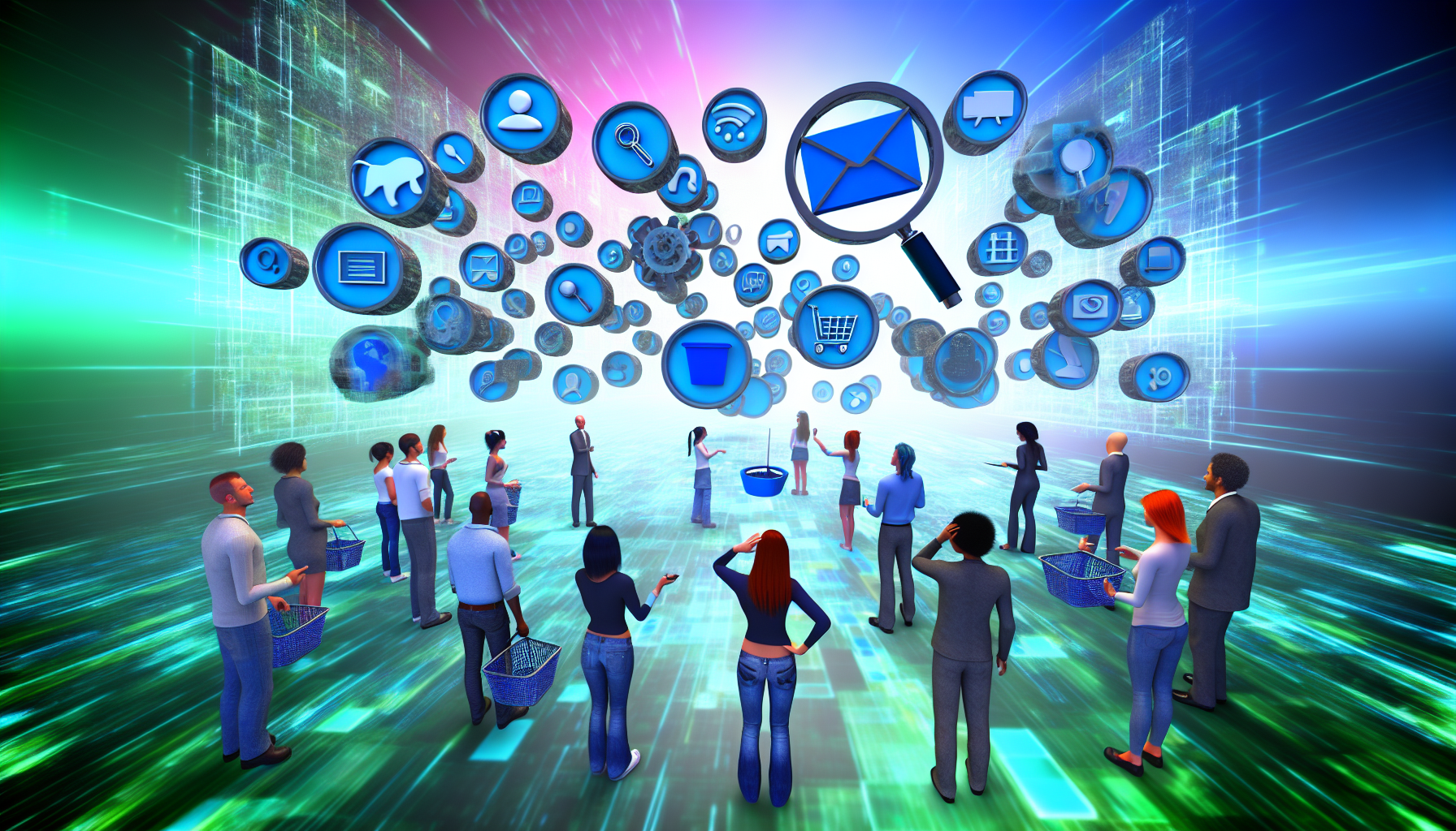 Stellen Sie sich eine komplexe digitale Landschaft vor, die mit lebendigen Blau- und Grüntönen pulsiert. In diesem cybernetischen Panorama schweben unzählige 3D-Icons, die verschiedene Aspekte des Online-Marketings symbolisieren. Dazu gehören eine schwebende Lupe, die SEO hervorhebt, ein Briefkasten für E-Mail-Marketing, ein Einkaufswagen für Online-Verkäufe und ein Megafon für Social-Media-Promotionen. Eine vielfältige Gruppe von Männern und Frauen unterschiedlicher Abstammung, darunter Schwarze, Hispanics und Weiße, ist digital mit futuristischen Geräten ausgestattet und interagiert mit diesen Icons. Sie strategisieren, analysieren und optimieren ihre Marketingansätze.