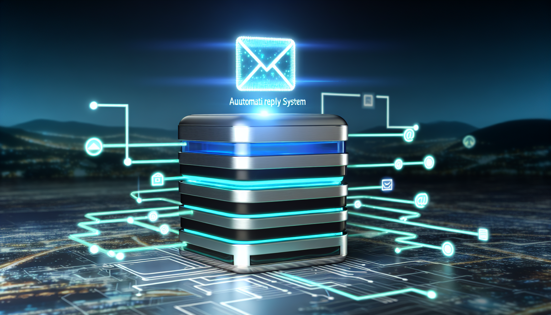 Ein automatisches Antwortsystem, auch bekannt als Autoresponder, entworfen in einem eleganten, modernen Stil. Das System wird als metallisches, kubisches Gerät dargestellt, das leuchtende türkisfarbene Linien aufweist, die den Datenfluss anzeigen. Um seine Funktionalität zu demonstrieren, zeigt das Gerät den Prozess des Sendens einer beeindruckenden, holografischen Nachricht, die mit allgemeinem Text und Symbolen gefüllt ist, die verschiedene Kommunikationselemente wie E-Mail, soziale Medien und Kalender symbolisieren. Der Hintergrund ist ein technikgefüllter Büroraum mit großen Fenstern, die einen nächtlichen Stadtblick offenbaren.