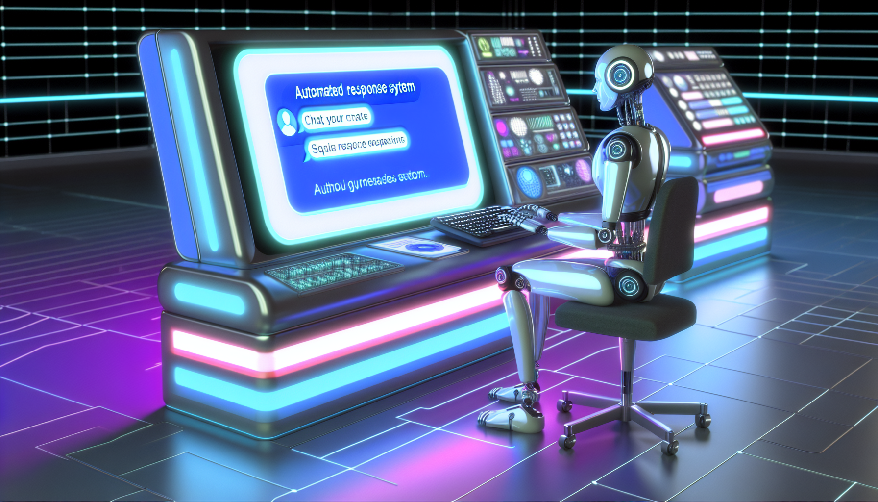 Stellen Sie ein automatisiertes Antwortsystem dar, das als futuristischer Roboter beschrieben wird, der vor einem Computerbildschirm sitzt. Der Roboter sollte Antworten in den Computer eingeben, während mehrere Chatdialoge auf dem Bildschirm sichtbar sind. Der Roboter sollte anspruchsvoll und gut gestaltet sein, aus schlankem Metall gefertigt. Rund um den Roboter sollten eine Vielzahl futuristischer Gadgets verstreut sein. Der Raum sollte mit hellen Neonlichtern gefüllt sein, die eine hochmoderne Technologiewelt betonen. Die Farbpalette sollte eine Mischung aus kühlen Farbtönen und metallischen Schattierungen sein, um eine visuell beeindruckende Szene einer technologisch fortschrittlichen Zukunft zu schaffen.