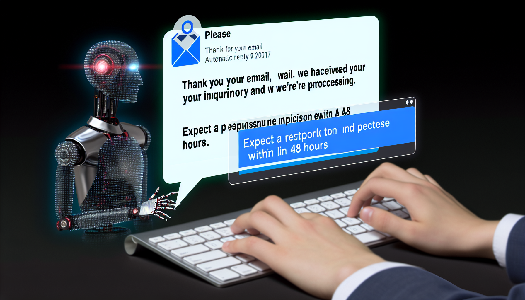 Bitte erstellen Sie ein Bild, das ein automatisches Antwortsystem in Betrieb zeigt. Ein E-Mail-Fenster ist geöffnet und zeigt eine automatisierte Antwort, die geschrieben wird. Die Nachricht lautet: "Vielen Dank für Ihre E-Mail, wir haben Ihre Anfrage erhalten und bearbeiten sie. Erwarten Sie eine Antwort innerhalb von 48 Stunden." Gleichzeitig ist eine visuelle Darstellung von KI zu sehen, die den Prozess verwaltet, illustriert als ein Roboterarm, der auf der Tastatur tippt.