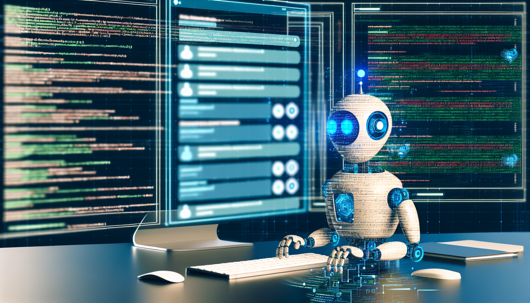 Ein digitaler autonomer Bot, der auf verschiedene Anfragen online reagiert. Der Bot arbeitet an einem gut organisierten Arbeitsplatz mit mehreren Bildschirmen, die komplexe Daten und Grafiken anzeigen. Der Bot hat ein einzigartiges Design, das moderne und vintage Ästhetik kombiniert, und wird gezeigt, wie er innerhalb von Mikrosekunden nach Erhalt einer Anfrage Antworten generiert. Im Hintergrund ist ein sichtbarer Algorithmus zu sehen, der durch Flusslinien und Symbole dargestellt wird.