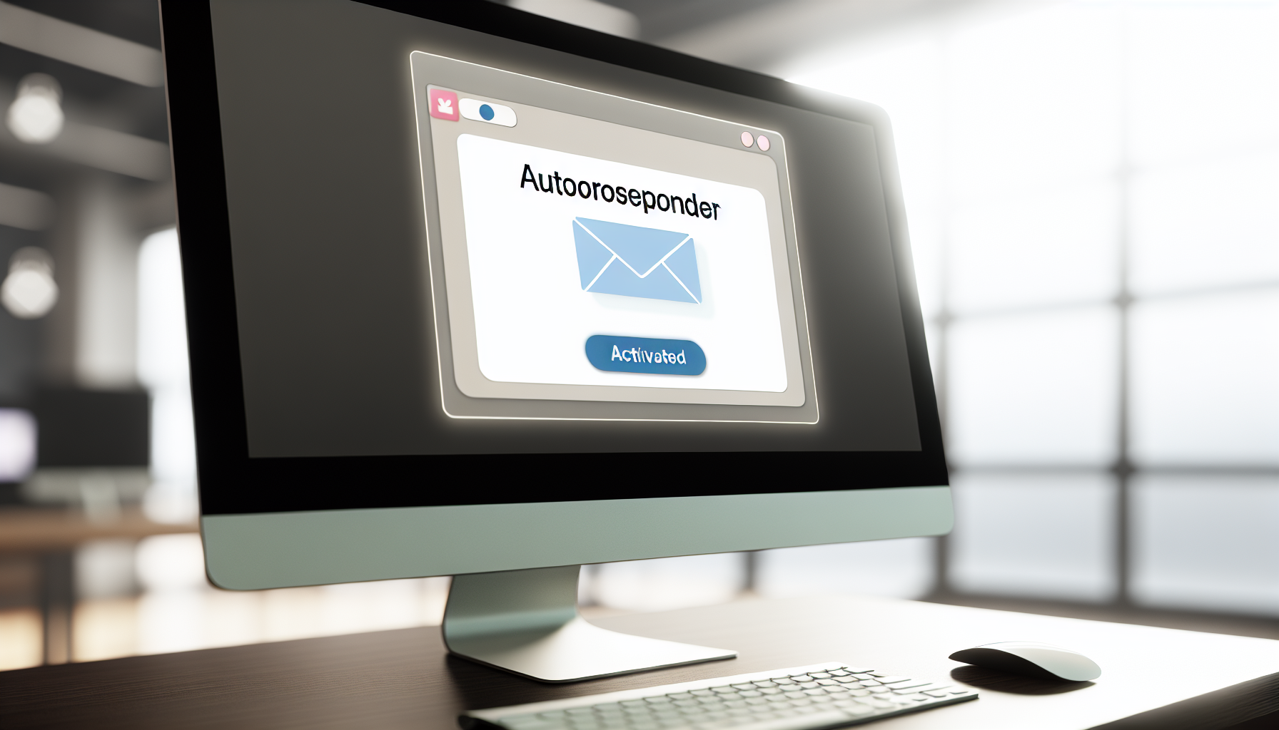 Erstellen Sie ein Bild eines automatisierten E-Mail-Antwortsystems, das auf einem Computerbildschirm angezeigt wird. Der Bildschirm ist zur Betrachterin oder zum Betrachter geneigt und zeigt ein ordentliches, organisiertes E-Mail-Postfach. Der Abschnitt für die automatische Antwort ist hervorgehoben und zeigt einen aktivierten Status. Das E-Mail-Design sollte minimalistisch und professionell sein.