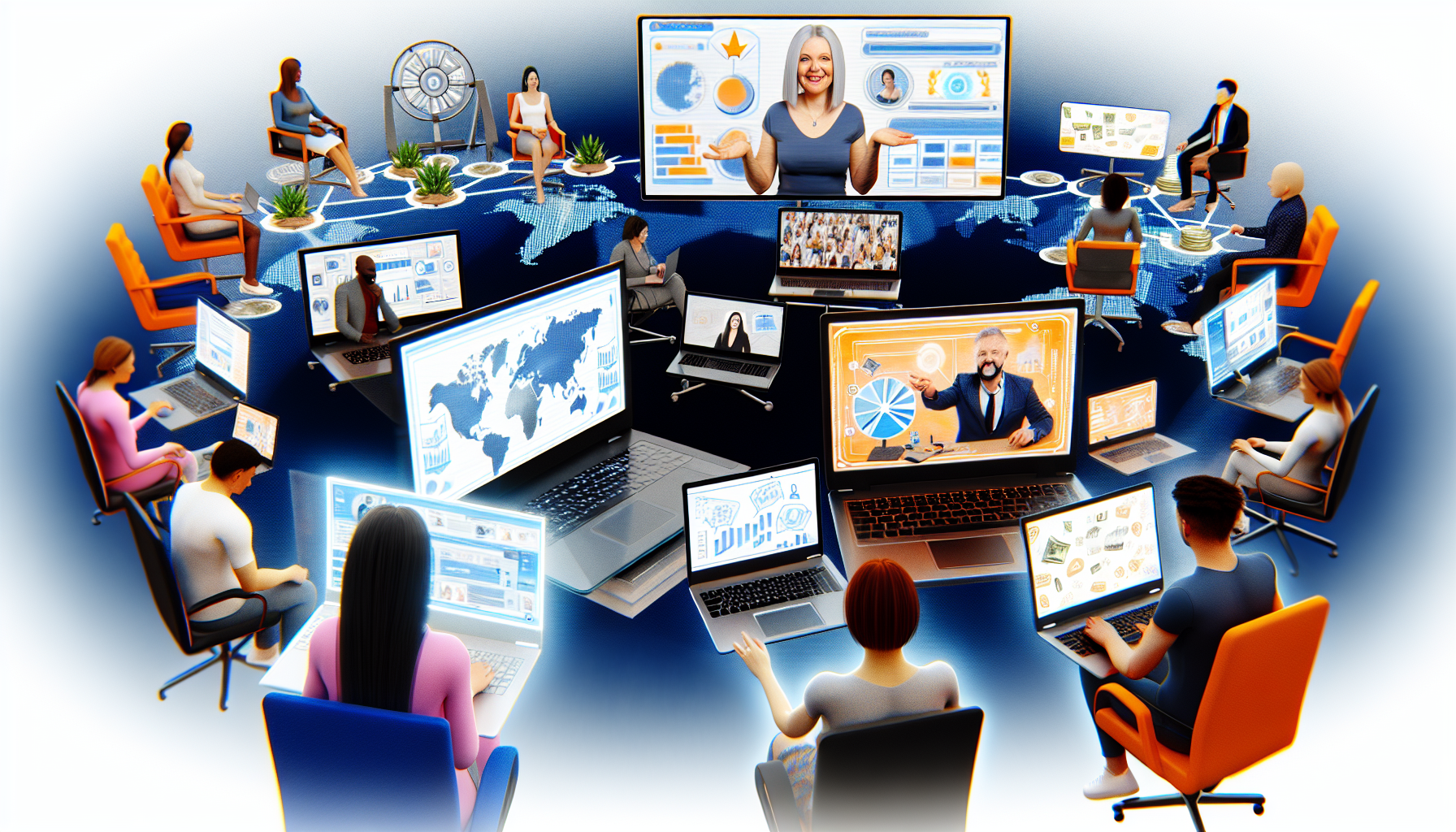 Eine detaillierte Darstellung eines Online-Marktplatzes, auf dem Menschen an verschiedenen virtuellen Unternehmertätigkeiten teilnehmen. Mehrere hochmoderne Laptops sind geöffnet und zeigen lebendige Handelsplattformen und innovative Online-Shops. Auf einem Bildschirm wird eine Online-Coaching-Sitzung von einer kaukasischen Frau durchgeführt, die Methoden zum Geldverdienen im Internet präsentiert. Auf einem anderen Bildschirm hält ein schwarzer Mann ein Webinar über digitales Marketing. Der virtuelle Besprechungsraum ist voller Menschen unterschiedlicher Abstammungen und Geschlechter, die sich lebhaft über Ideen und Strategien zum Generieren von Online-Einkommen austauschen.