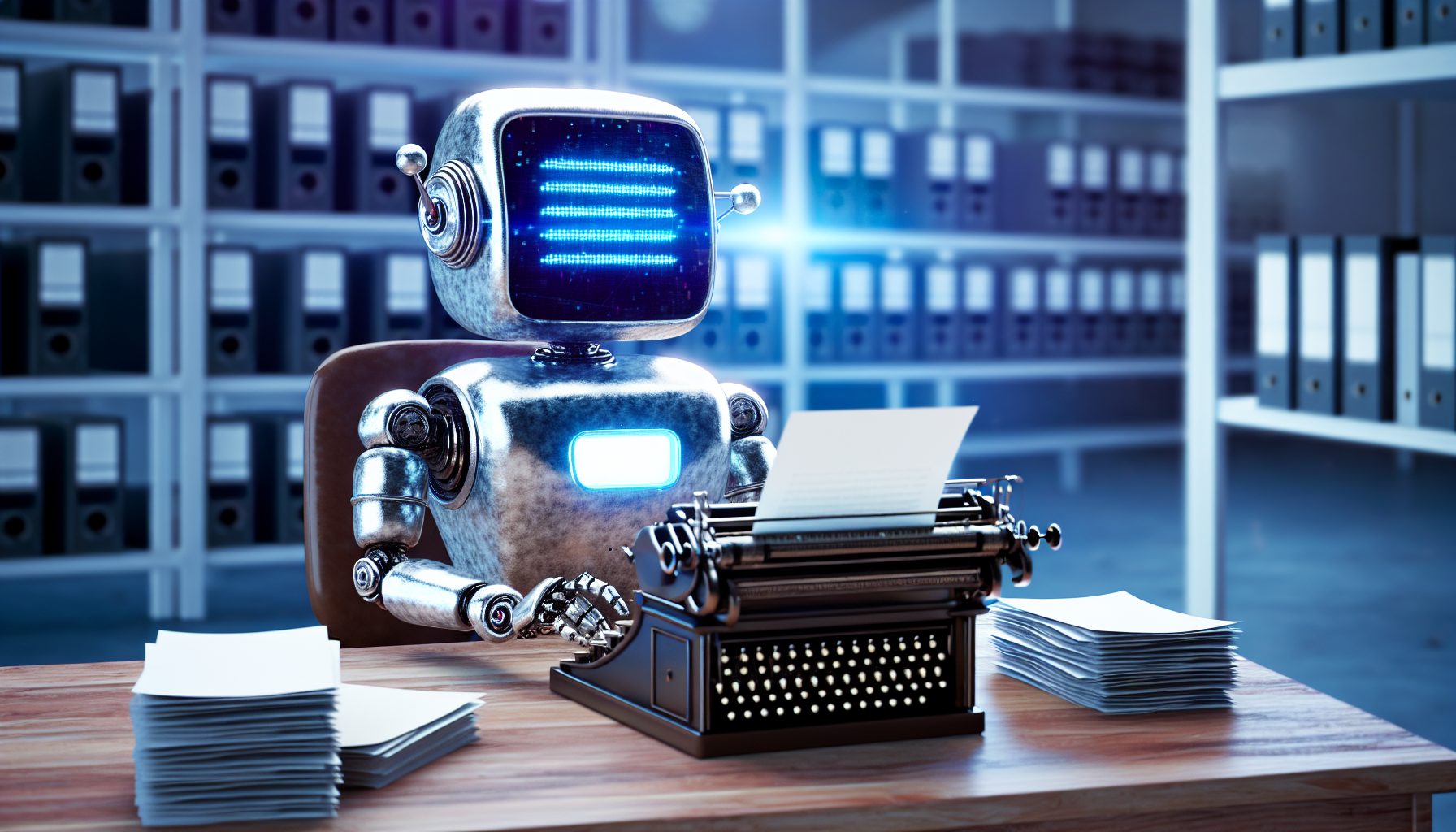Ein automatisiertes Antwortsystem, auch bekannt als 'Autoresponder', wird visuell als ein Roboter dargestellt, der hinter einem klassischen Holztisch in einer Büroumgebung sitzt. Der Roboter ist sorgfältig mit digitalen Bildschirmen als Kopf ausgestattet, die sanft blaues Licht ausstrahlen. Der Körper des Roboters ist in ein Stahlmaterial gehüllt, das im Zusammenspiel von natürlichem und fluoreszierendem Licht glänzt. Er tippt eifrig auf einer antiken Schreibmaschine, die das alte Konzept des Nachrichtenverfassens repräsentiert, jedoch in einer modernen technischen Version. Rund um den Roboter ist das Büro mit ordentlich gestapelten Dokumenten gefüllt, was auf die zahlreichen Antworten hinweist, die er sendet. Die gesamte Atmosphäre des Bildes spiegelt Effizienz und moderne Technologie wider.