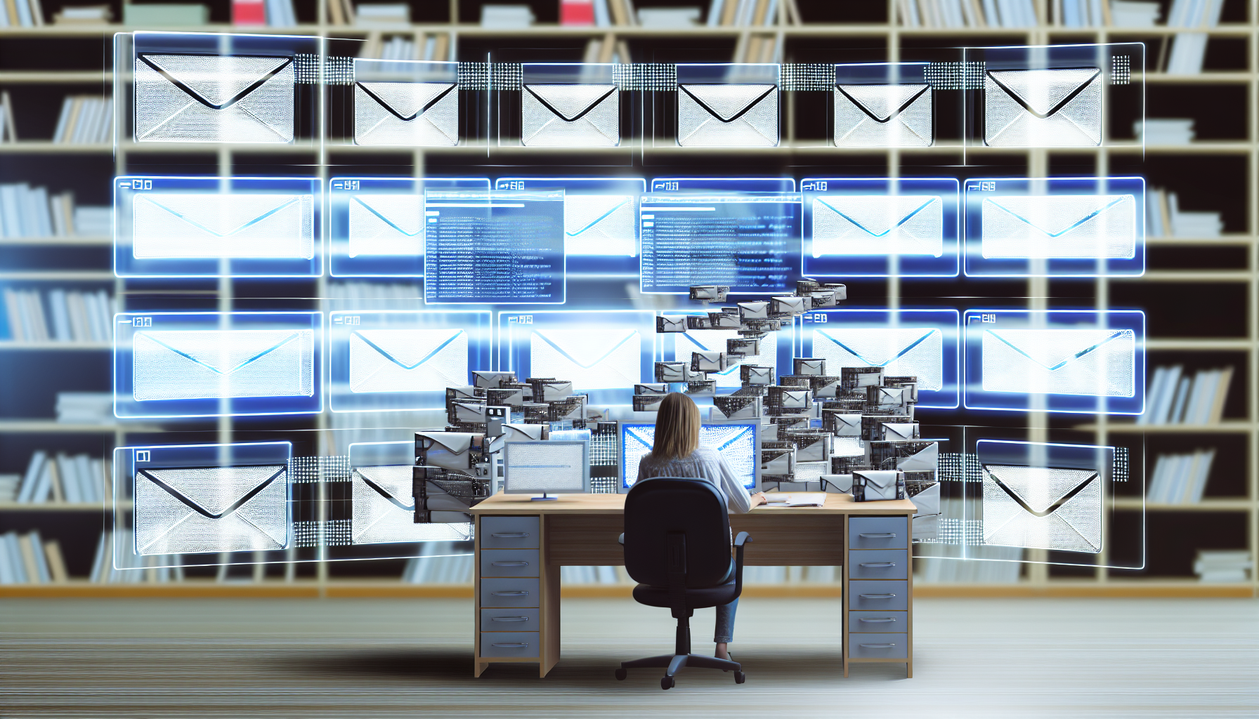Erstellen Sie ein Bild eines automatischen Antwortsystems, das typischerweise in E-Mail-Diensten verwendet wird. Das System sollte als Maschine dargestellt werden, die an einem Schreibtisch sitzt, mit mehreren Bildschirmen, die verschiedene E-Mail-Threads anzeigen. Die Maschine interagiert schnell mit den Bildschirmen, und jeder Bildschirm sollte einen Teil des E-Mail-Schreibprozesses zeigen: Einer entwirft eine E-Mail, ein anderer sendet eine E-Mail, und einer sortiert E-Mails in Ordner. Im Hintergrund des Raumes sollten mehrere Regale mit Büchern über Kommunikation und Technologie stehen.