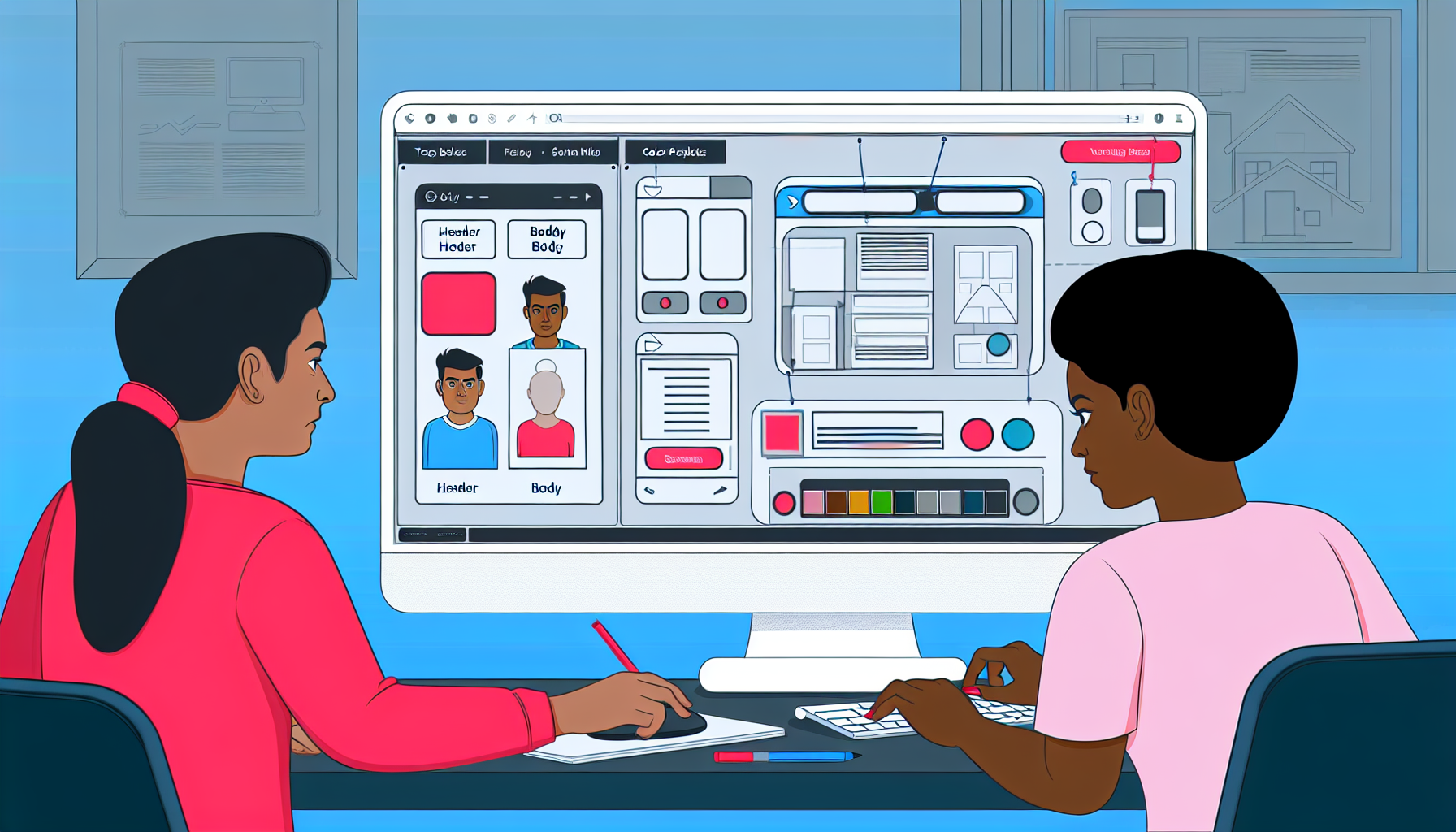 Eine detaillierte Illustration einer Landing-Page-Builder-OberflÃ¤che auf einem Computerbildschirm. Der Bildschirm zeigt eine Drag-and-Drop-Website-Design-Software, die mehrere Module wie Kopfzeile, Hauptinhalt, FuÃŸzeile usw. darstellt. Auf einer Seite befindet sich ein Panel mit verschiedenen Elementen wie Textfeldern, Bildern, SchaltflÃ¤chen und Formularen, die in die Vorschau der Seite gezogen werden kÃ¶nnen. Es gibt auch Farbpaletten und Schriftarten zur Anpassung. Ein sÃ¼dasianischer Mann und eine schwarze Frau sind zu sehen, wie sie an dem Projekt arbeiten, beide wirken konzentriert, wÃ¤hrend sie die beste Landing-Page fÃ¼r einen hypothetischen Kunden gestalten.