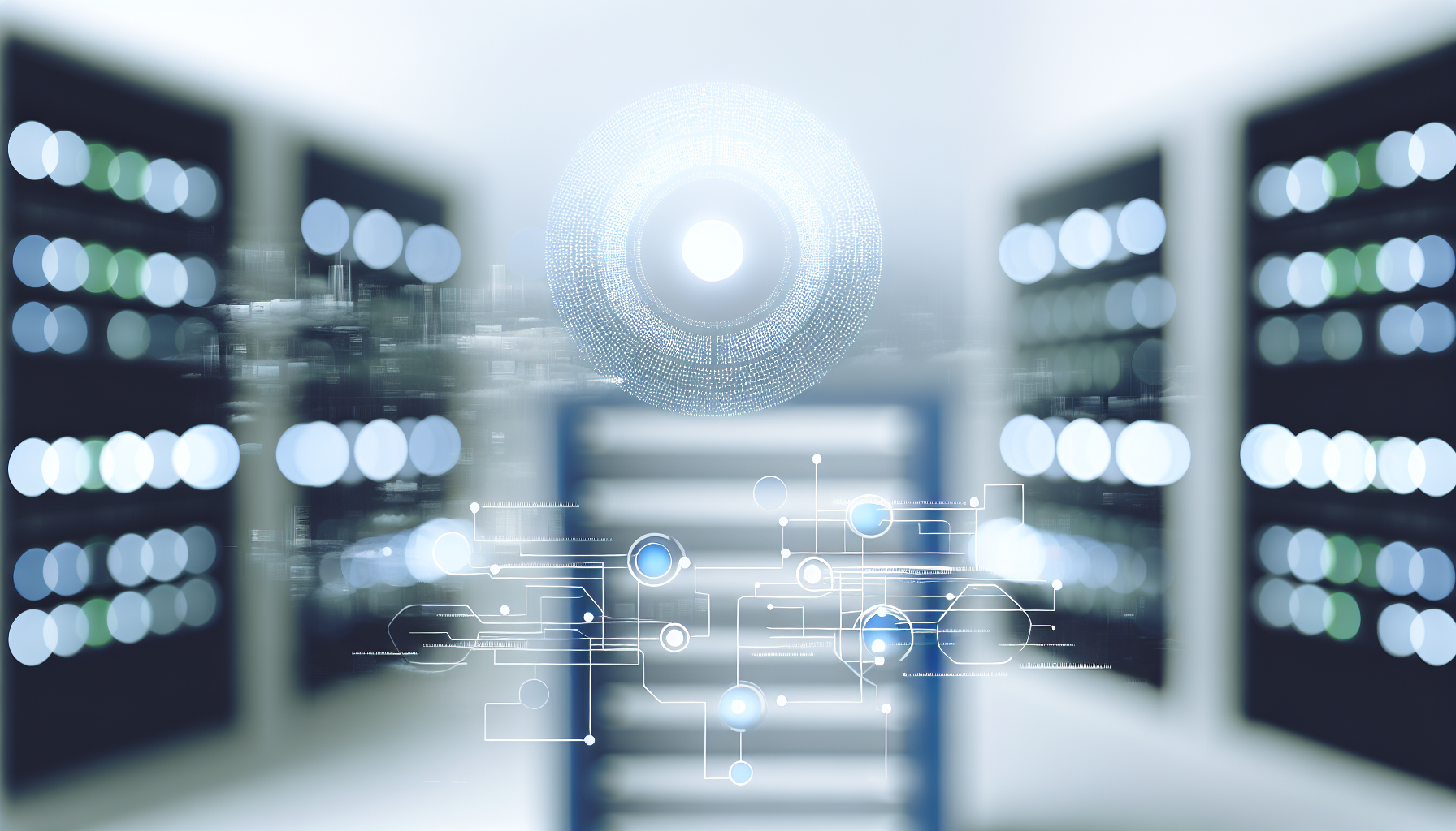 Ein automatisiertes Antwortsystem, vor einem minimalistischen Hintergrund, der mit Computer-Servern gespickt ist. Ein zentrales Dashboard, gefüllt mit komplexen Datenanalysen, steht im Mittelpunkt und spiegelt die Intelligenz der automatisierten Antworten wider. Subtile Weiß- und Grautöne vermischen sich harmonisch mit gelegentlichen blauen LED-Lichtern. Ein verschwommener bis klarer Gradienteffekt verleiht der gesamten Szene eine geheimnisvolle Atmosphäre.