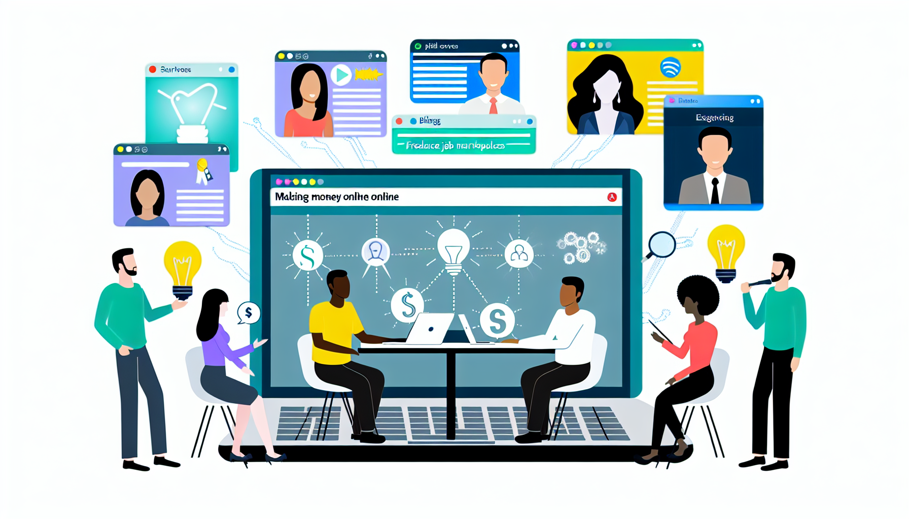 Eine Illustration verschiedener Ideen, um online Geld zu verdienen. Die Visualisierung sollte Symbole wie einen Laptop mit mehreren geÃ¶ffneten Tabs enthalten, die verschiedene Online-Plattformen anzeigen, wie z.B. Freelance-JobmarktplÃ¤tze, Online-Umfragen, Blogging-Plattformen und E-Commerce-Websites. DarÃ¼ber hinaus sollte eine Gruppe von vielfÃ¤ltigen Personen â”€ ein asiatischer Mann, eine weiÃŸe Frau, ein mÃ¤nnlicher MittelÃ¶stler und eine schwarze Frau â”€ gezeigt werden, die gemeinsam Ideen an einem virtuellen runden Tisch brainstormen und das Konzept des Ideenaustauschs demonstrieren.