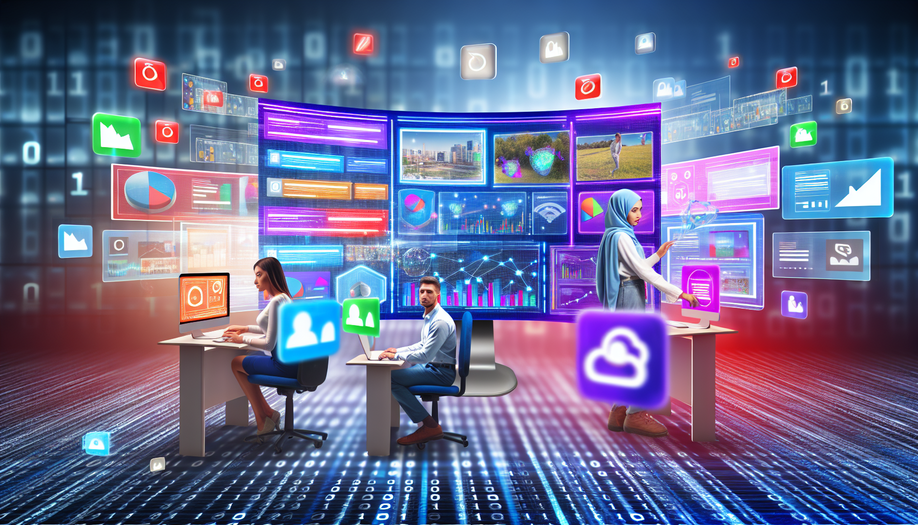 Eine pulsierende digitale Umgebung, die das Konzept des Online-Marketings verkörpert. In der Mitte zeigt ein futuristisch aussehender Computerbildschirm eine Vielzahl von ansprechenden, bunten Anzeigen, die verschiedene Produkte darstellen. An der Seite arbeiten zwei Fachleute, eine mittelöstliche Frau und ein kaukasischer Mann, entschlossen und setzen unterschiedliche Strategien ein. Sie interagieren mit virtuellen 3D-Diagrammen, die Demografien und aktuelle Statistiken darstellen. Integrierte Social-Media-Icons schweben um sie herum und deuten auf die Nutzung dieser Plattformen hin. Der Hintergrund sollte Binärcodes und ein Netzwerk verbundener Knoten enthalten, das die Vernetztheit der Online-Welt symbolisiert. Diese Szene verkörpert die strategische, lebendige und komplexe Natur des Online-Marketings.