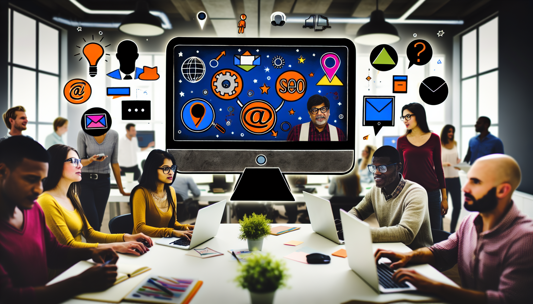 Visualisieren Sie eine konzeptionelle Szene für Online-Marketing. In der Mitte steht ein moderner Computer mit einem hellen, bunten Bildschirm, der verschiedene konventionelle Online-Marketing-Elemente anzeigt, wie SEO-Symbole, Icons für E-Mail-Marketing, Symbole für soziale Medien und digitale Anzeigen. Um den Computer herum sind mehrere Menschen unterschiedlicher Geschlechter und Herkunft versammelt, die kooperativ arbeiten. Stellen Sie eine südasianische Frau mit Brille und einen kaukasischen Mann mit Bart dar, die konzentriert auf den Bildschirm schauen. Fügen Sie auch eine mittelöstliche Frau hinzu, die an einem Laptop tippt, und einen schwarzen Mann, der Notizen macht. Der Hintergrund sollte eine geschäftige Büroumgebung zeigen, die mit Schreibtischen, Stühlen und Papier gefüllt ist.