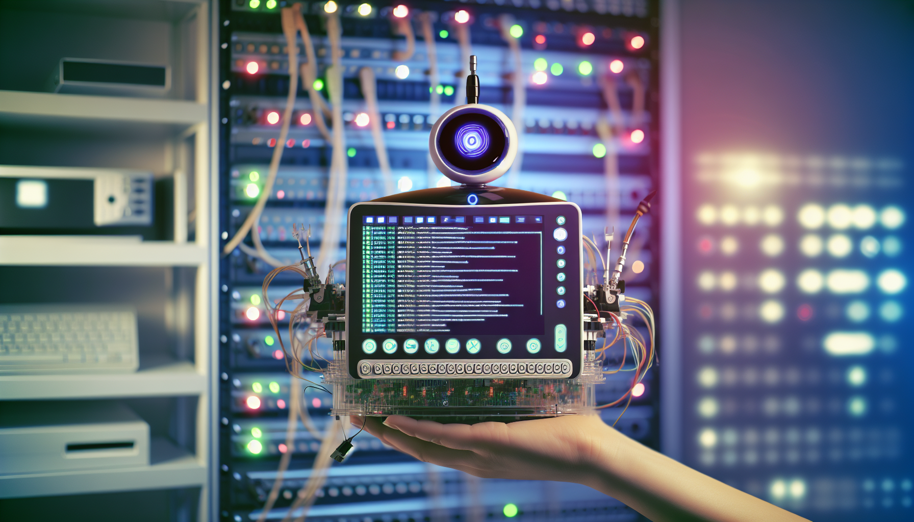 Eine automatische Maschine befindet sich in einer Umgebung aus Kabeln, Lichtern und Tasten, die ein GefÃ¼hl von moderner Technologie vermittelt. Sie ist in der Lage, E-Mails und Nachrichten ohne manuelle Eingabe zu beantworten oder darauf zu reagieren. Sie verfÃ¼gt Ã¼ber einen Monitor, der verschiedene Symbole und Diagramme anzeigt, die ihren Fortschritt darstellen, sowie Ã¼ber eine Tastatur und eine Maus fÃ¼r die manuelle Steuerung, wenn dies erforderlich ist. Der Raum ist sanft beleuchtet durch das Licht der Maschine und die vermischten Lichter der umgebenden Elektronik.