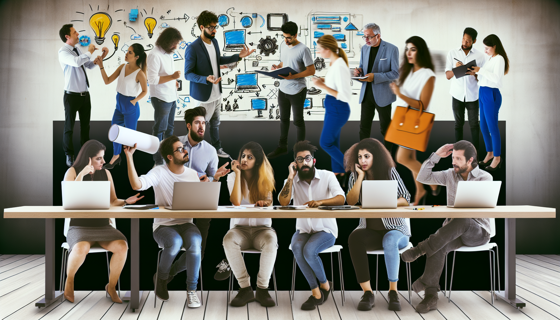 Eine Unternehmergruppe brainstormt verschiedene Möglichkeiten, online Geld zu verdienen. Die Szene zeigt Personen unterschiedlicher Abstammung, darunter Hispanics, Kaukasier, Menschen aus dem Nahen Osten und Südasien. Jeder ist aktiv engagiert: Einige schreiben Notizen an einem Whiteboard, andere diskutieren Ideen und gestikulieren eloquent, während einige mit ihren Laptops beschäftigt sind. Der Hintergrund ist ein modernes, dynamisches Co-Working-Space, das mit verschiedenen Werkzeugen und Materialien ausgestattet ist, die sie für ihre Diskussionen benötigen könnten.