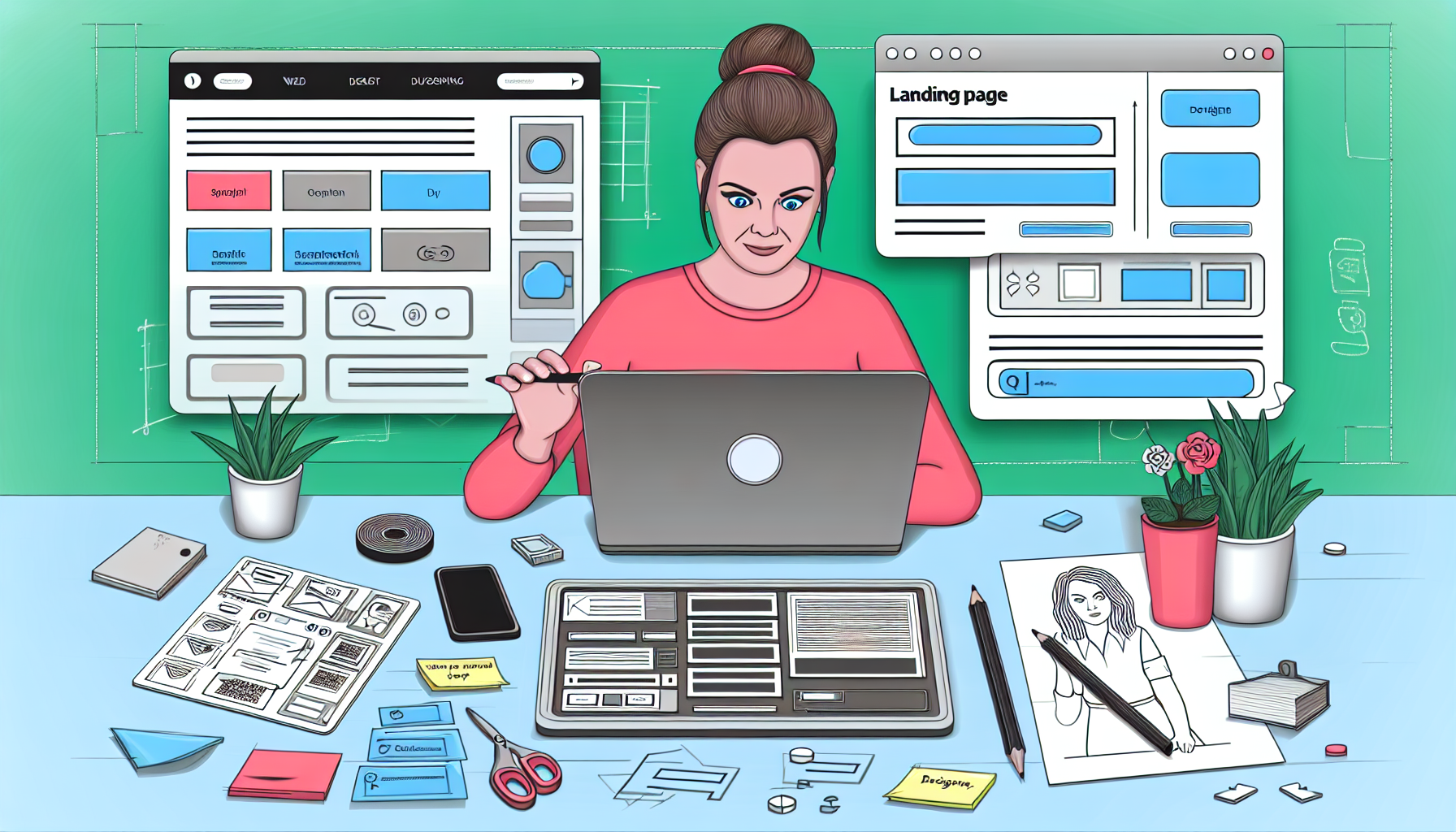 Eine illustrative Darstellung eines Landing Page Builders. Auf dem Bild arbeitet eine kaukasische weibliche Webentwicklerin an einem Laptop, der eine sich entwickelnde Landing Page anzeigt, mit verschiedenen Optionen wie Schaltflächen, Bannern und Textfeldern. Auf einer Seite befindet sich ein offenes Werkzeugset, das verschiedene Webdesign-Elemente und -Werkzeuge zeigt, die auf die Landing Page gezogen und abgelegt werden können. Auf der anderen Seite gibt es Designvorschläge und Vorlagen, die auf die Landing Page angewendet werden können. Die Umgebung eines kreativen Arbeitsplatzes ist deutlich sichtbar, gefüllt mit Skizzen, Notizen und einer Tasse Kaffee.